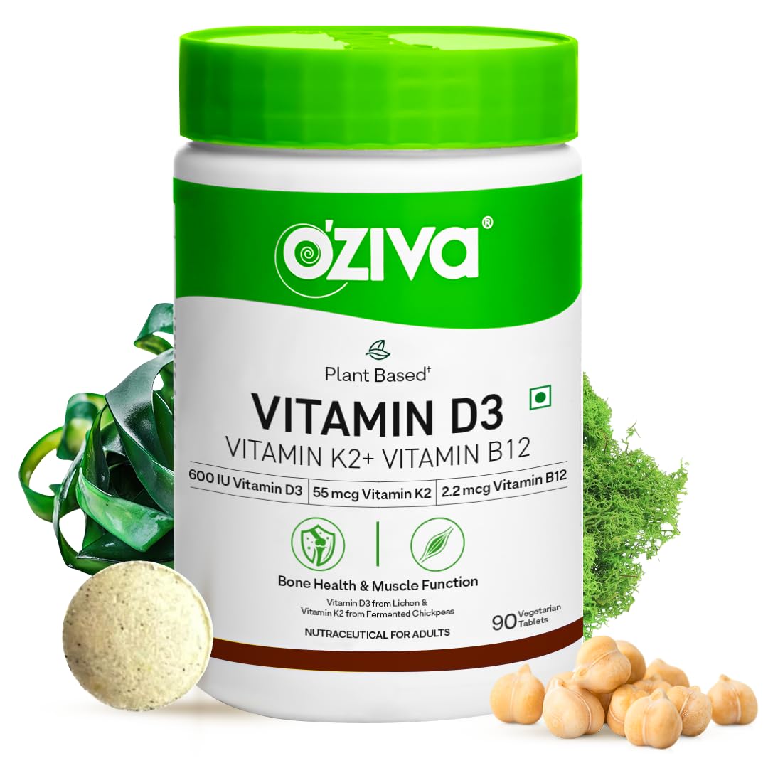 OZiva Vitamin D3, K2 & B12 | With Vitamin D3 For Stronger Bones, K2 (MK7) for Bone Density & B12 for Muscle Growth & Recovery - 90 Tablets Starter Pack - Pack 1