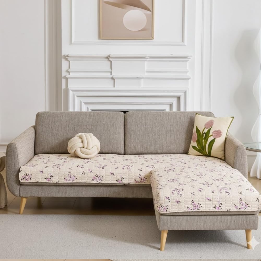 HOMETHREADS Anti-Skid Sofa Protector Mat: Premium Printed Cotton Slipcover with Strong PVC Non-Slip Backing (Beige, 2 Seater | 140x75cm) Beige 2 Seater | 140x75