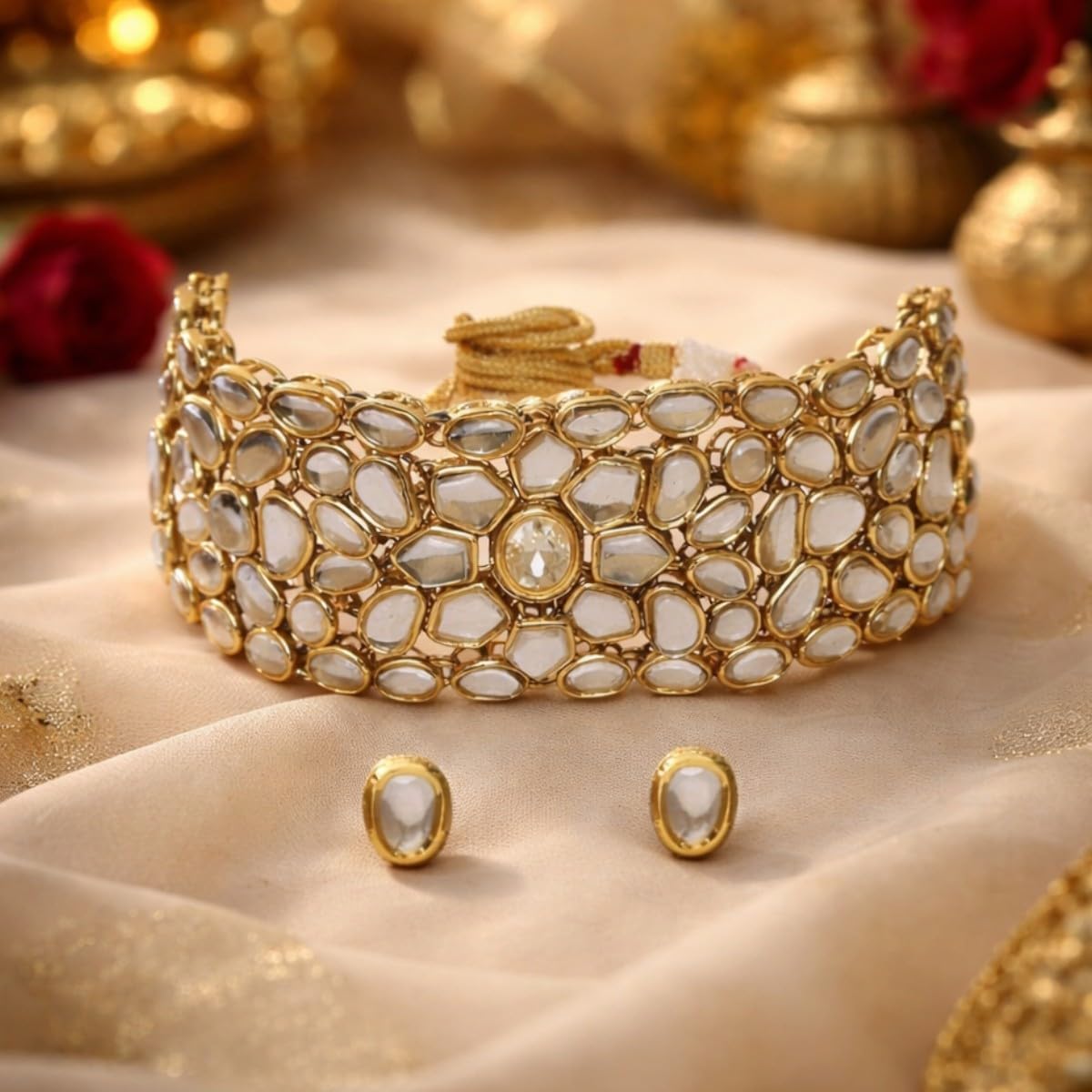 ACCESSHER Gold Plated Kundan Choker Necklace Set for Women | Traditional Indian Jewelry with Stud Earrings & Adjustable Dori | Elegant Bridal Accessory for Wedd