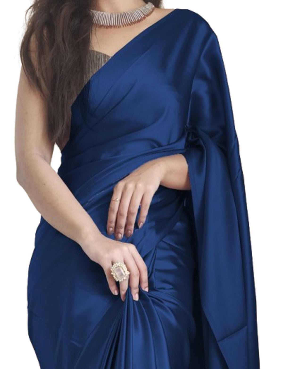 Women's Ready to Wear Plain Dark Blue Satin Silk 1 Minute Pre Pleated Saree With Dark Blue Unstitched Blouse