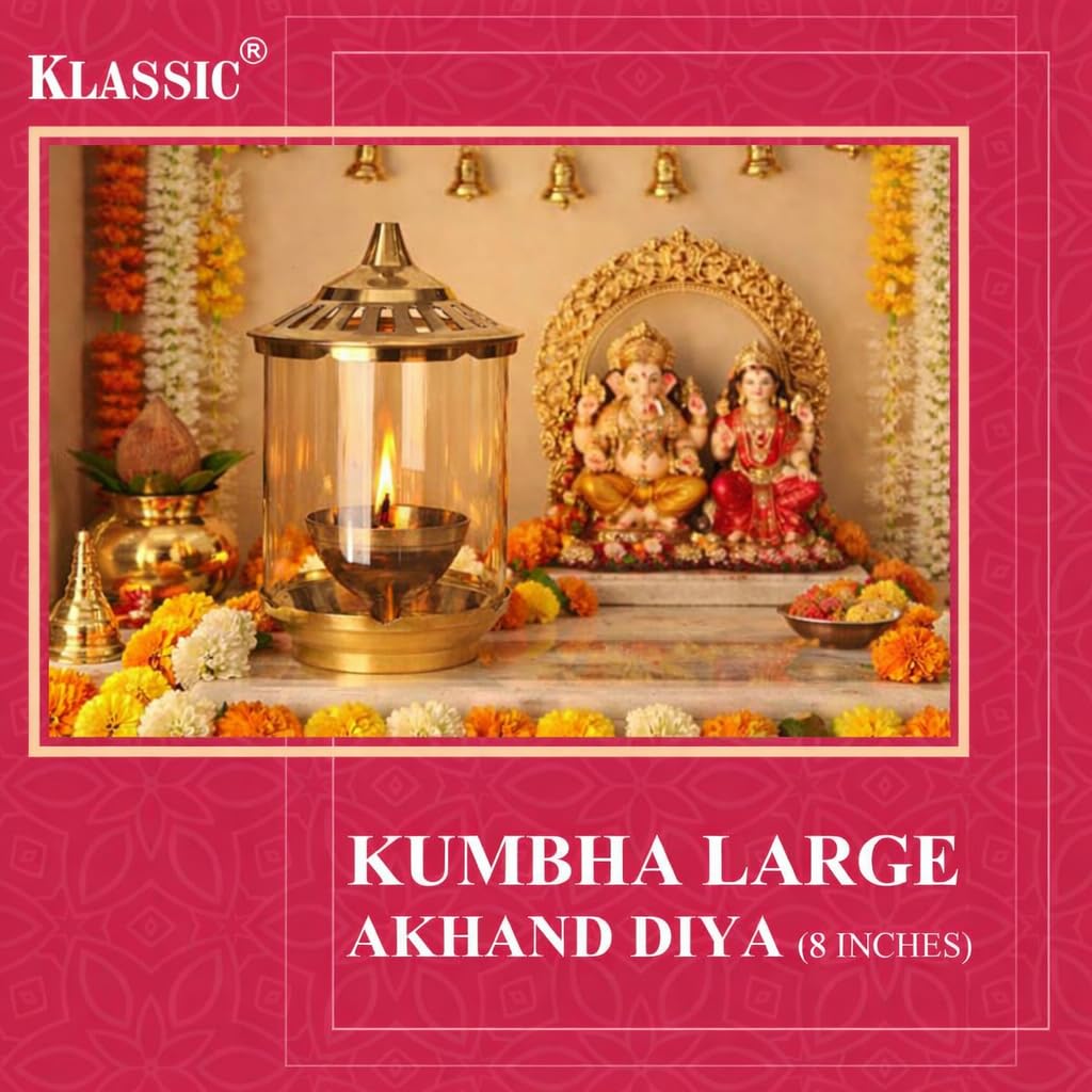Klassic Kumbha 8 Inch Large Akhand Diya with Borosilicate Glass Shade, Wick Holder & Brass Lid | Premium Brass Oil Lamp for Mandir, Pooja, Diwali | Wind-Protect