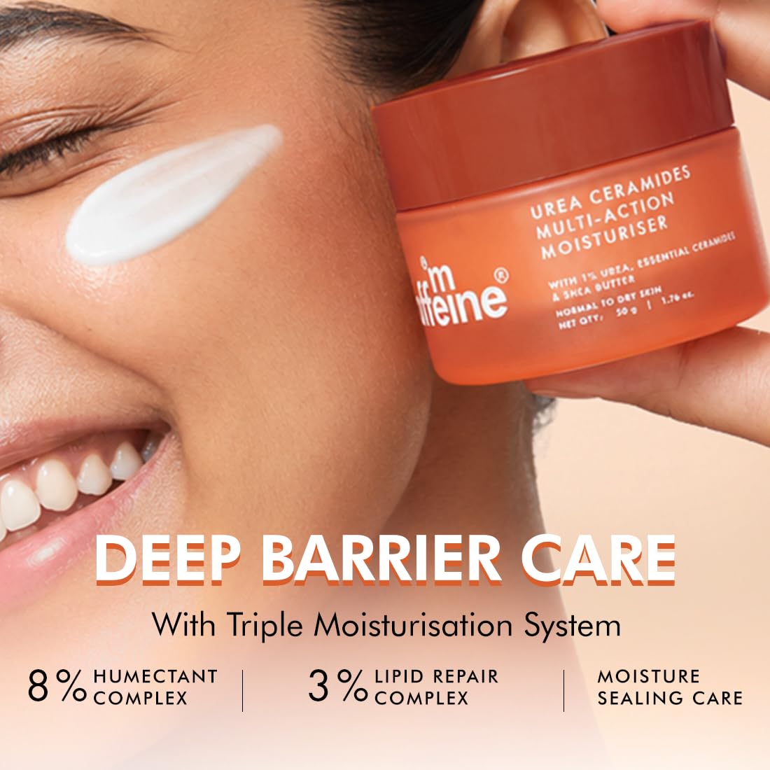 mCaffeine Multi-Action Moisturiser with Urea & Ceramides | Clinically Proven 72 Hr Moisturisation | Deep Barrier Repair | Normal to Dry Skin | 3 Essential Ceram