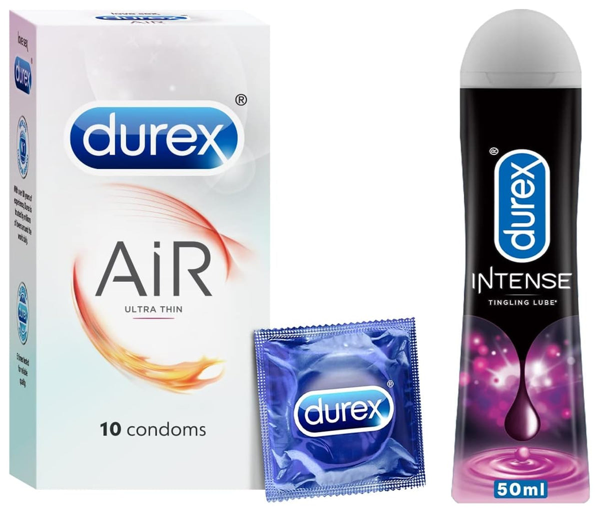 Durex Lube Intense Lubricant Gel For Men & Women - 50ml | Water Based Lube & Durex Air Condoms for Men - 10 Count | Suitable for use with lubes & toys COMBO