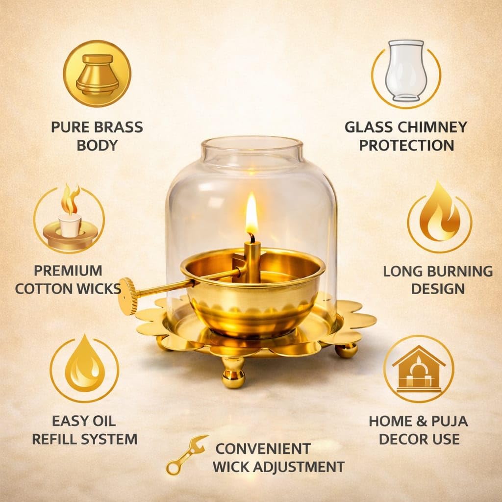 Brass Akhand Jyoti Diya Oil Lamp with Adjustable Bati Knob, Glass Cover Deep for Puja, Deepam Jyot Lamp, 30 ml Oil Capacity, Up to 12 Hours Burning, Brass Pooja
