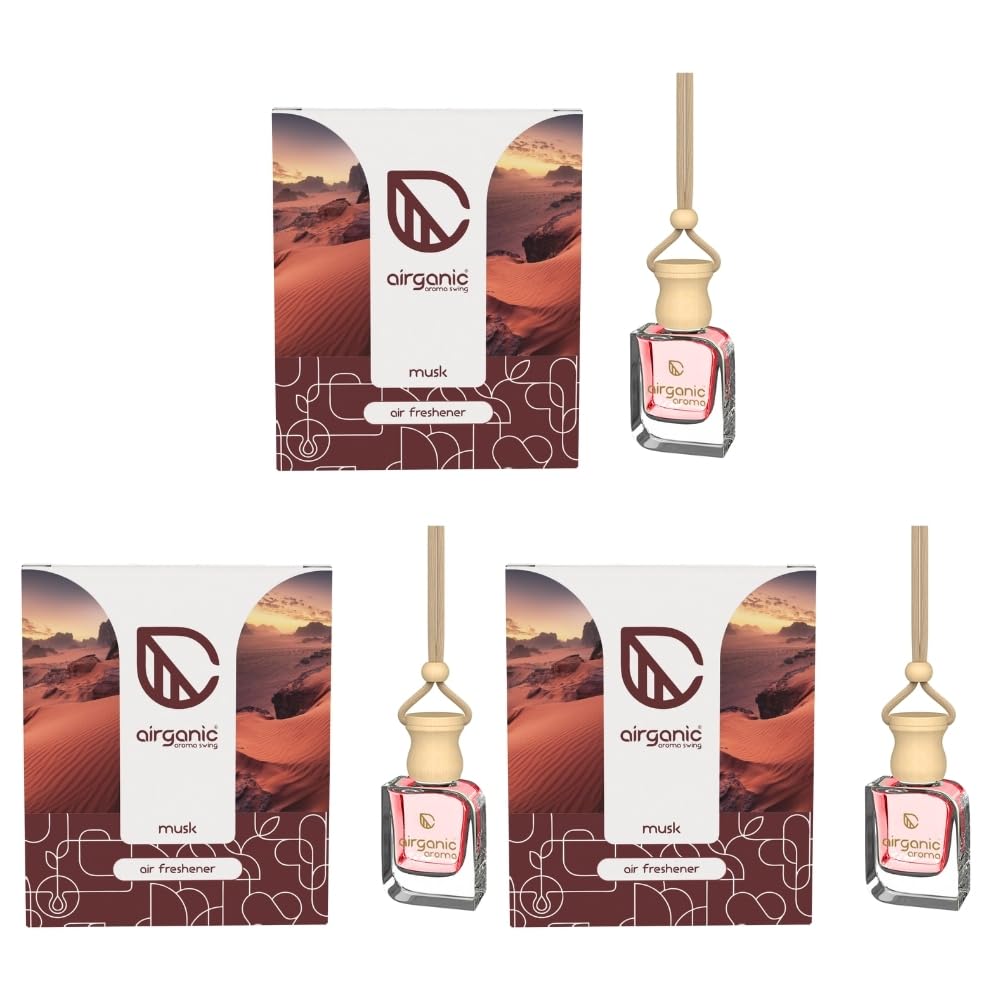 Airganic Swing Prime Car Perfume Hanging Pod |Musk - Pack 3| Car Air Freshener |Natural Essential Fragrance Oils in Glass Bottle with Wooden Diffuser Lid |Last