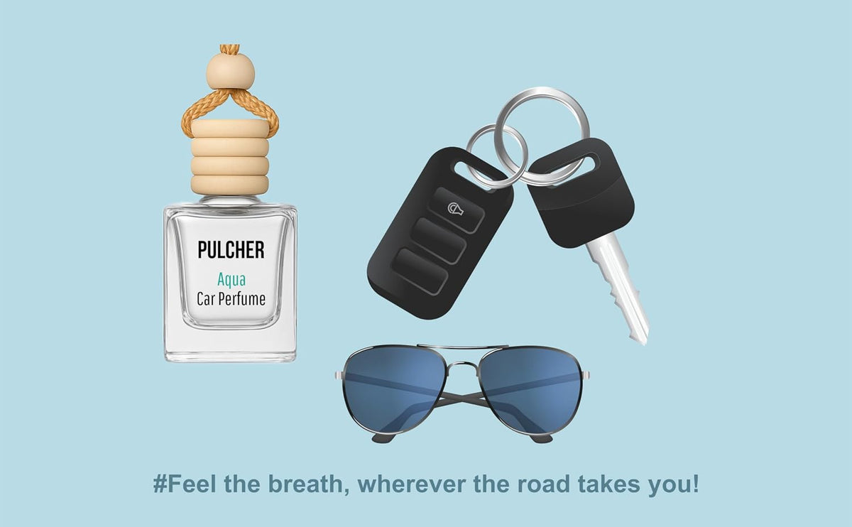 PULCHER Long Lasting Car Fresheners - Assorted Combo Pack of 4 (Musk + Aqua + Lavender + Rose Oud) | Luxury perfume for car crafted with Natural Essential Oil |