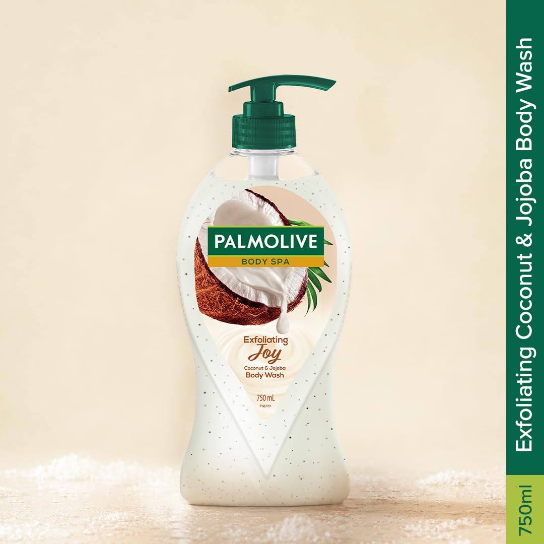 Palmolive Exfoliating Joy Bodywash for Women & Men, 750ml Crème Based Shower Gel Crushed Coconut & Jojoba Butter Extracts For Smooth Skin, PH Balanced Bodywash,
