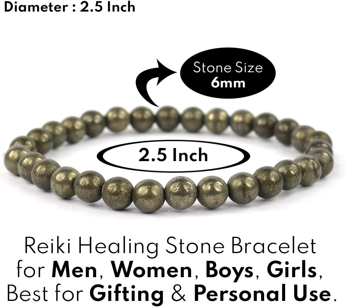 Pyrite Bracelet Natural Crystal Stone 6 mm Beads Bracelet Round Shape for Reiki Healing and Crystal Healing Stone (Color : Golden)