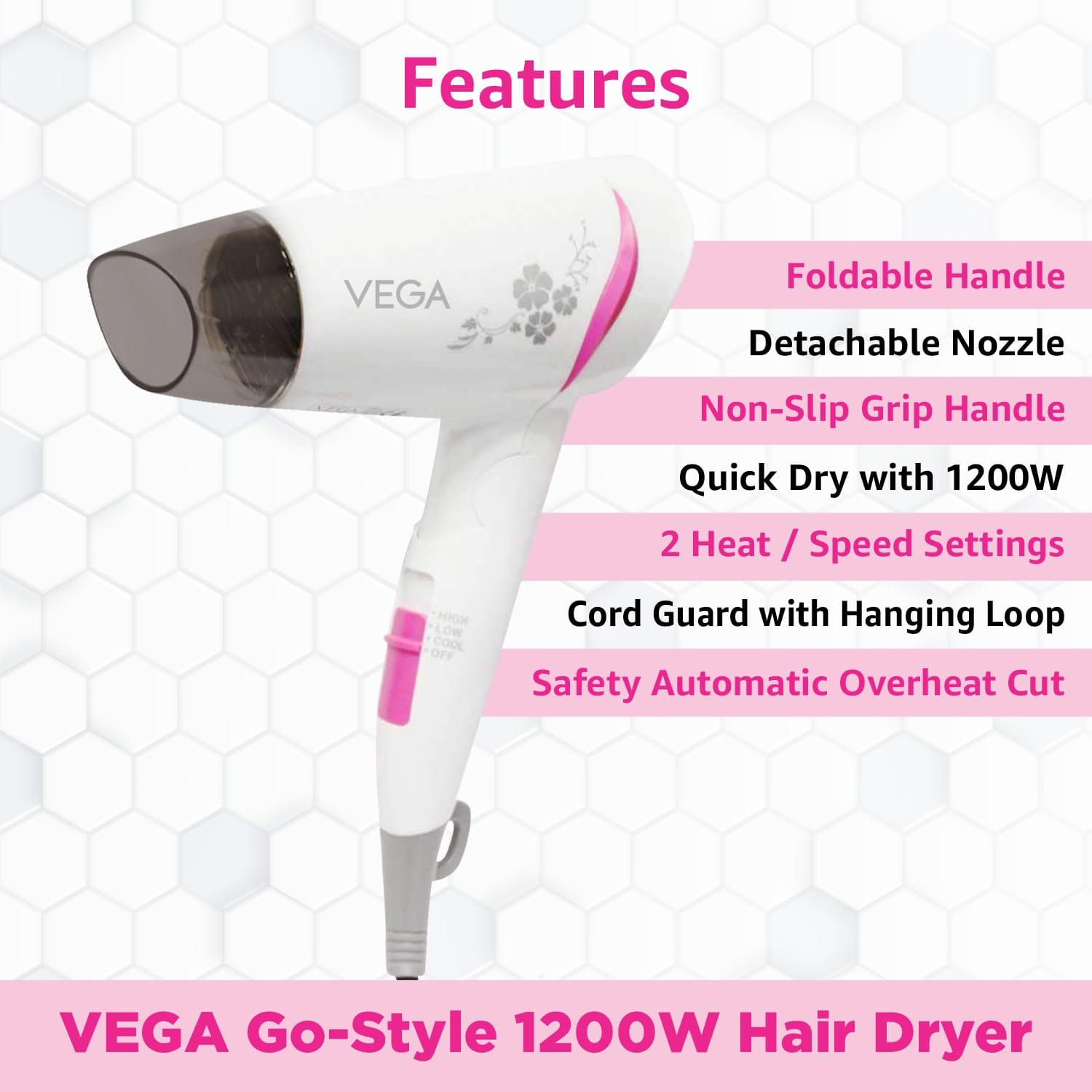 VEGA - 1200 Watts Go Style Foldable Hair Dryer With Heat & Cool Setting (VHDH-18)