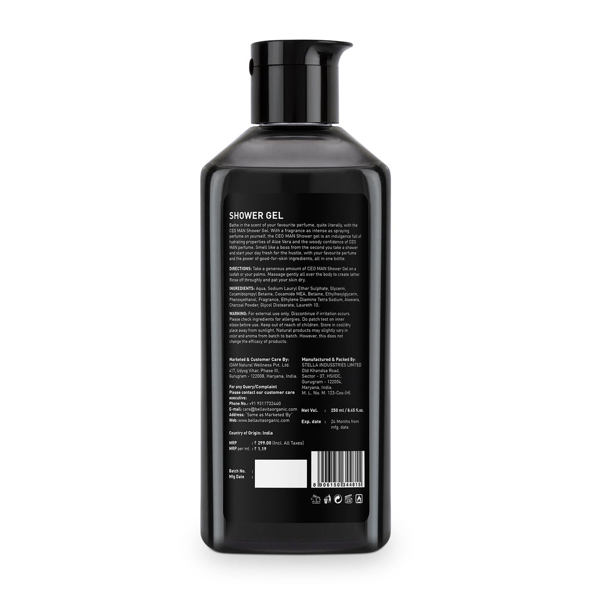 BELLAVITA CEO Man Body Wash 250ml Refreshing Shower Gel for Men | Deep Cleansing, Hydrating and Moisturising Skin with Aloe Vera & Charcoal Powder Citrus