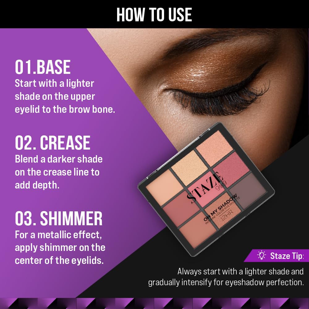 Staze 9to9 Oh My Shadow Eye Palette Ultra-pigmented 12 Hrs Long Lasting and Easily Blendable Mix of Matte & Shimmer Eyeshadows 01 Cocktail 11g