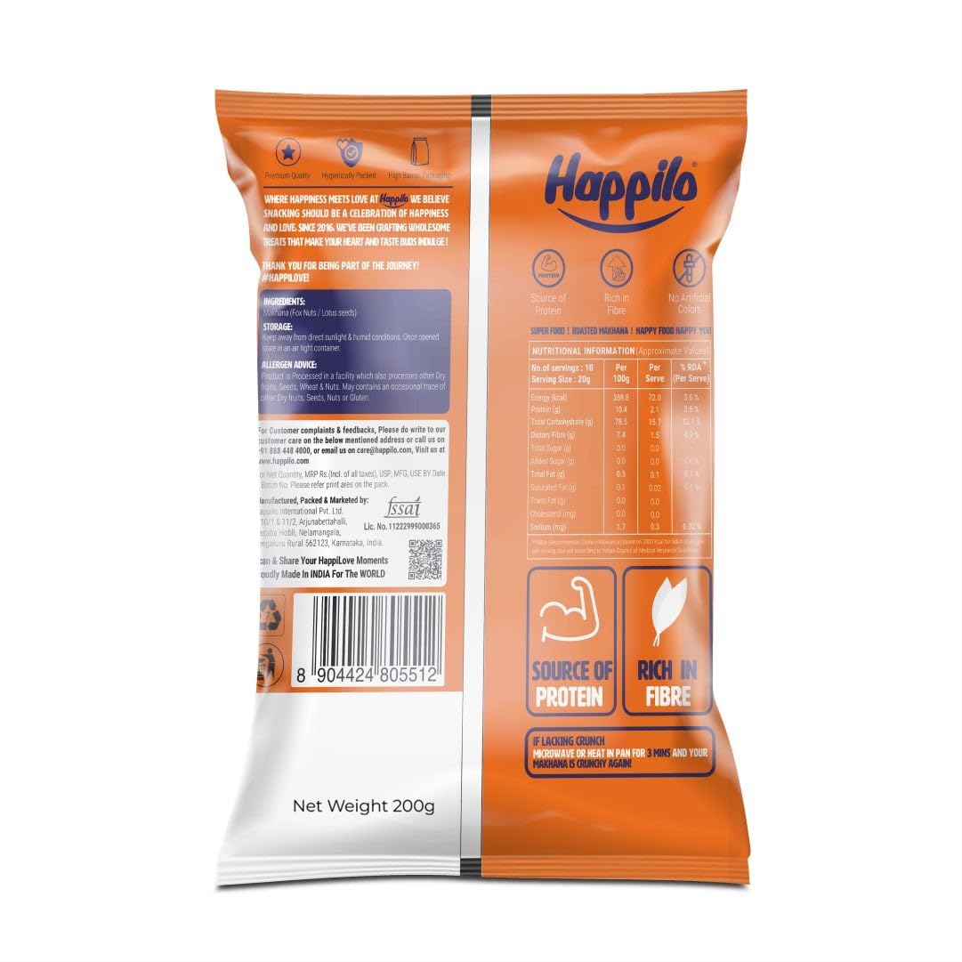 Happilo Premium Plain Prasadam Makhana 200g, Fit for Fasting, Lotus Seed Pop/Gorgon Nut Puffed Kernels, Hand-Picked 200 g (Pack of 1)