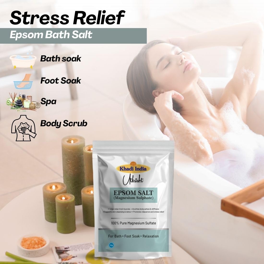 Khadi Utkrisht Epsom Salt, 100% Pure Magnesium Sulphate, Bath and Foot Soak for Muscle Pain Relief, Relaxation and Detox, 1 kg