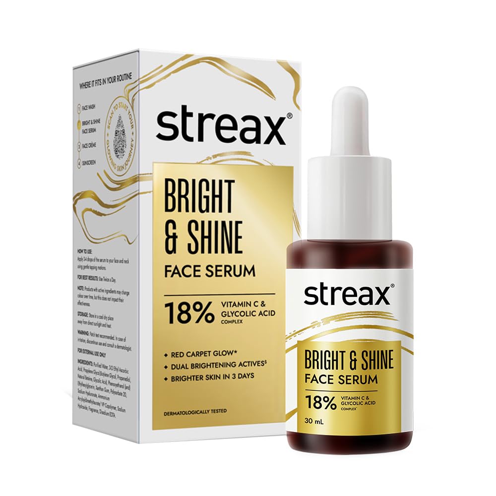 Streax Vitamin C Face Serum, 30 ml | 18% Vitamin C | Dark Spots Reduction | Brighter Skin in 3 Days | Serum for Glowing Skin | Brightening serum | Bright & Shin