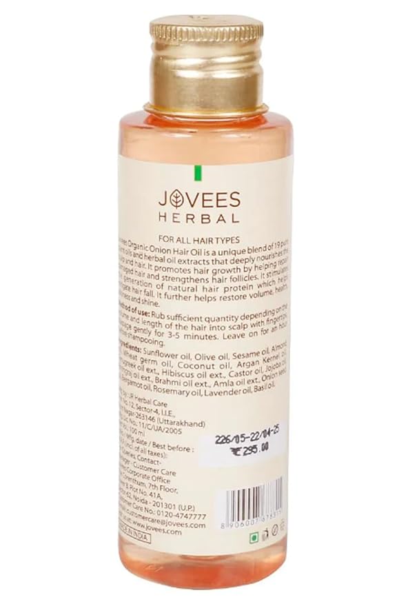 Jovees Herbal Organic Onion Hair Oil 100ML | Controls Hair Fall, Promotes Growth | Contains Onion Seed Oil, Olive oil, Sesame oil, Almond oil | Suitable for All