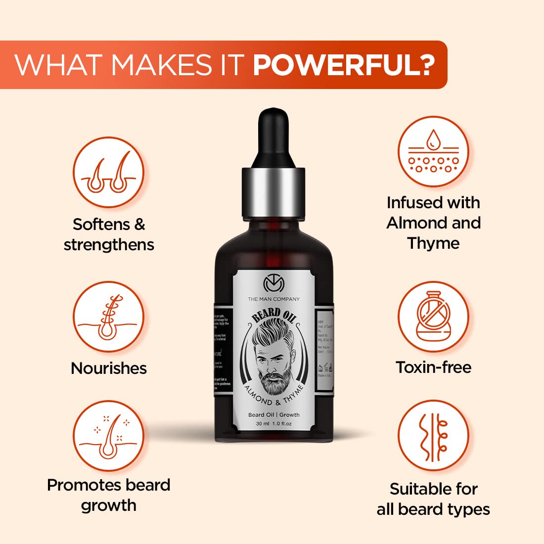 The Man Company Beard Oil for Growing Beard Faster with Almond & Thyme, NATURAL, Best Beard Growth Oil for Man, Nourishes & Strengthens Uneven Patchy Beard - 30