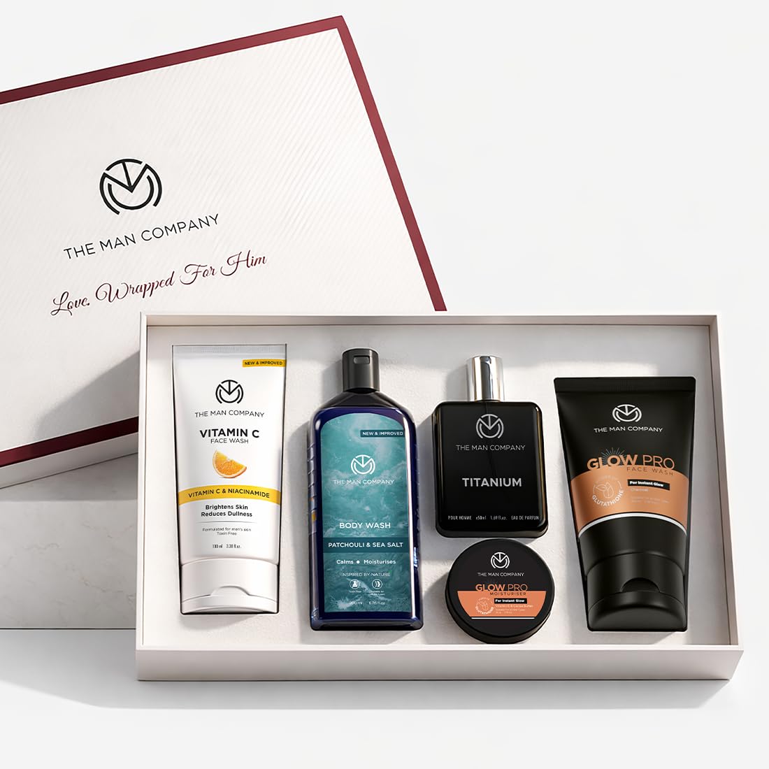 The Man Company Men's Grooming Kit - Unforgettable Him | Set of 5 | Premium Grooming Gift Set with Vitamin C Face Wash, Glow Pro Charcoal Face Wash, Patchouli &
