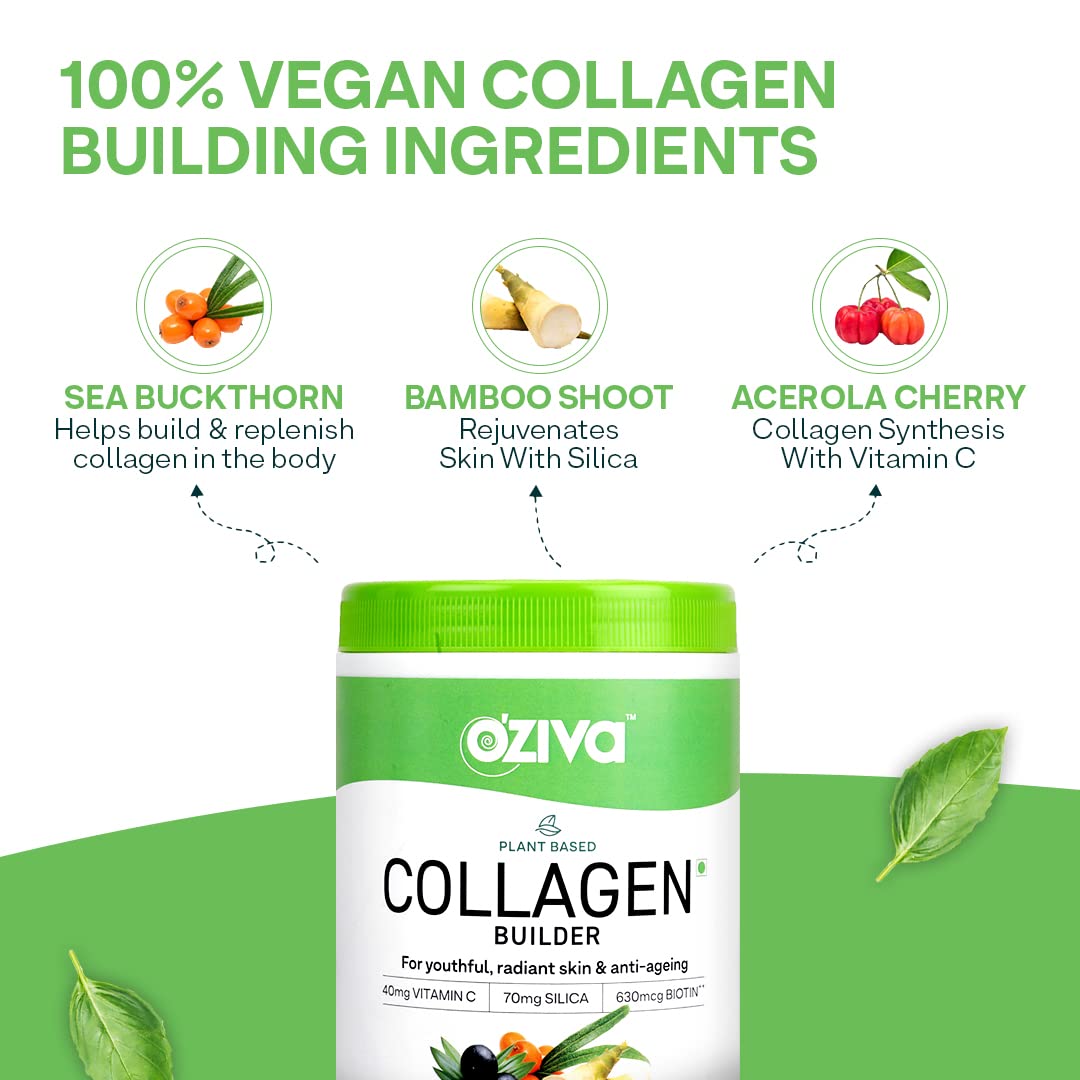 OZiva Plant Based Collagen Builder for Glowing & Youthful Skin | Collagen Powder for Women & Men | With Biotin, Silica & Vitamin C (Collagen Berry Orange + Biot