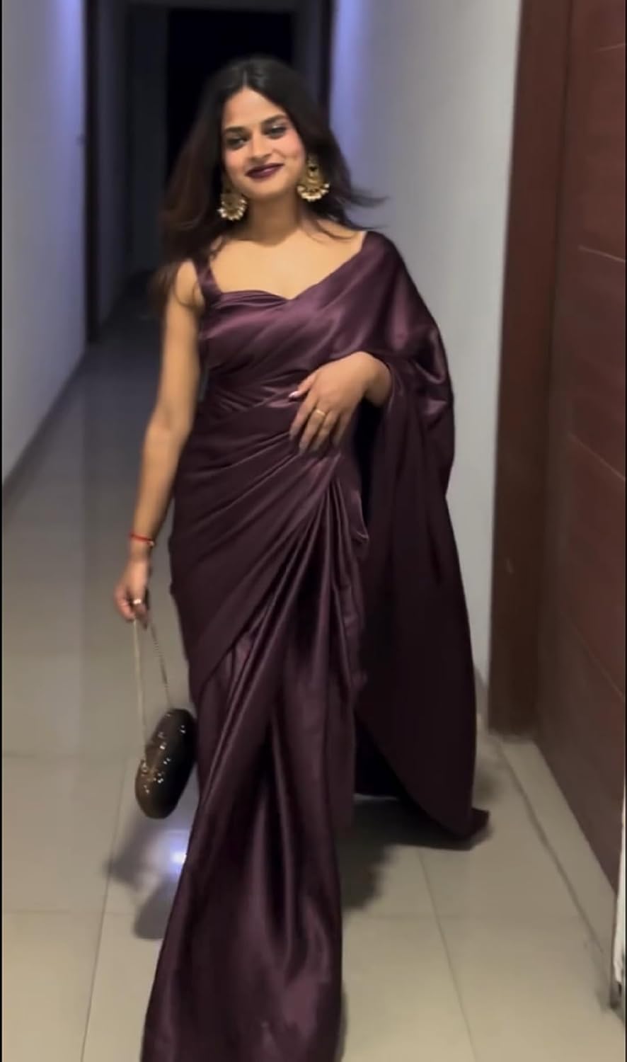 Women's Ready to Wear Plain Dark Wine Satin Silk One Minute Readymade Saree With Dark Wine Unstitched Blouse