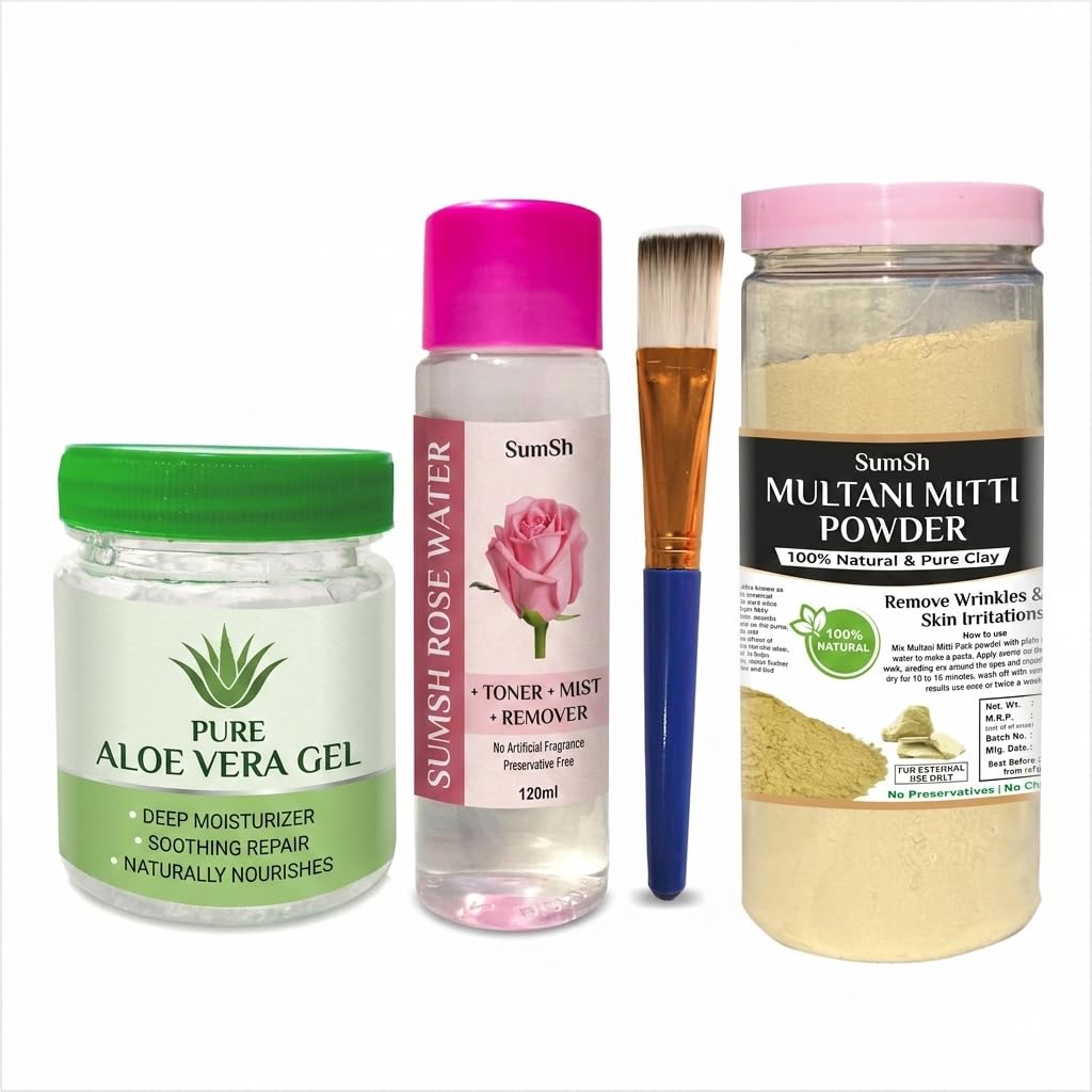 Multani Mitti Powder Face Pack 200g, 100% Natural Pure Clay with Rose Water 120ml, Aloe Vera Gel & Applicator Brush | Deep Cleansing, Oil Control, Acne Care & G