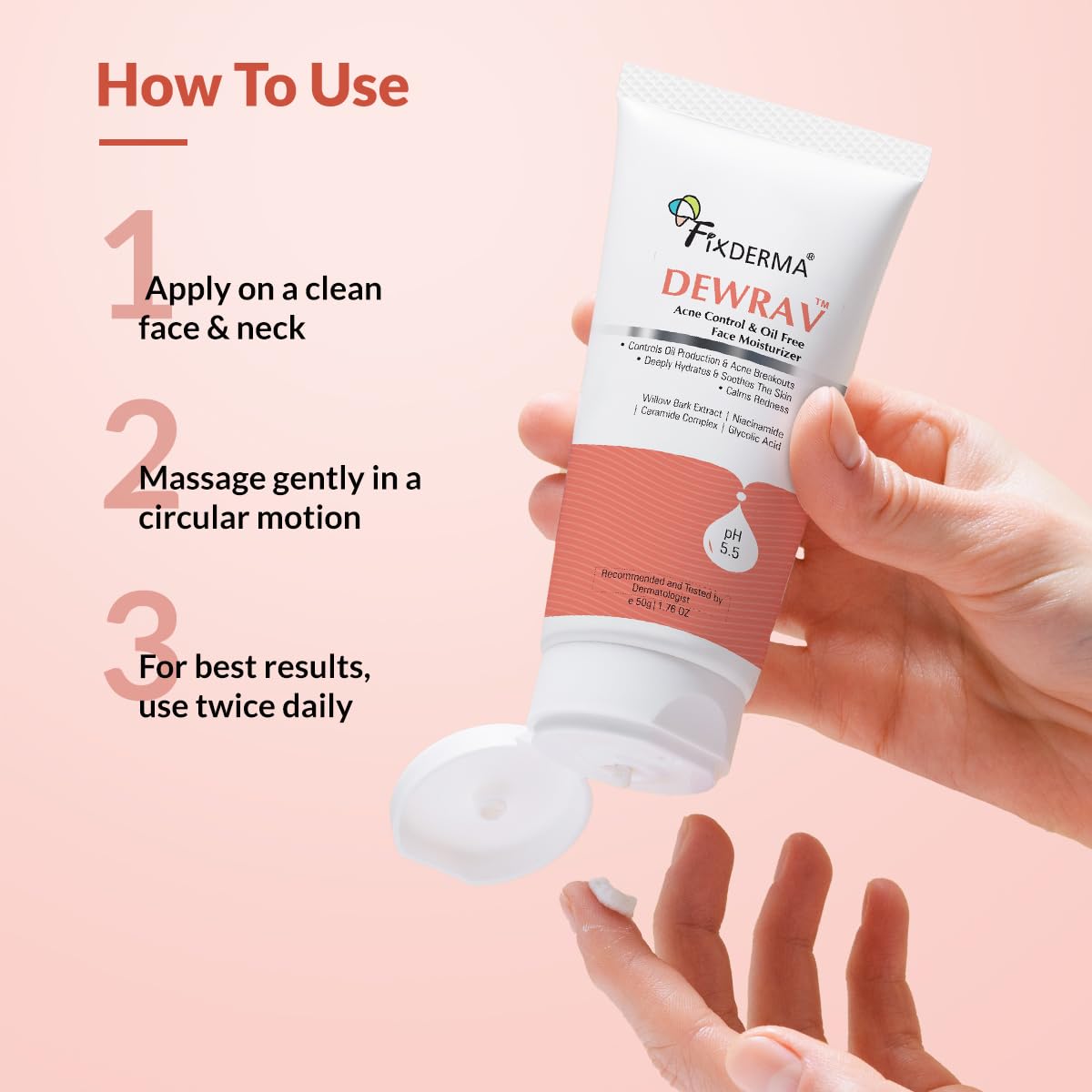 Fixderma Dewrav Acne Control & Oil Free Moisturizer for Face with Glycolic Acid | Niacinamide | Oily Skin | Face Moisturizer for Women & Men - 50 gm Acne 50 g (