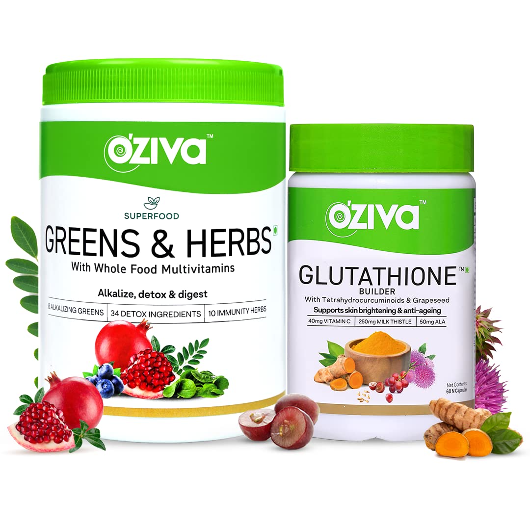 OZiva Superfood Greens & Herbs 250 G (Superfood Greens & Herbs + Glutathione,250 G + 60 Capsules,2 Count)