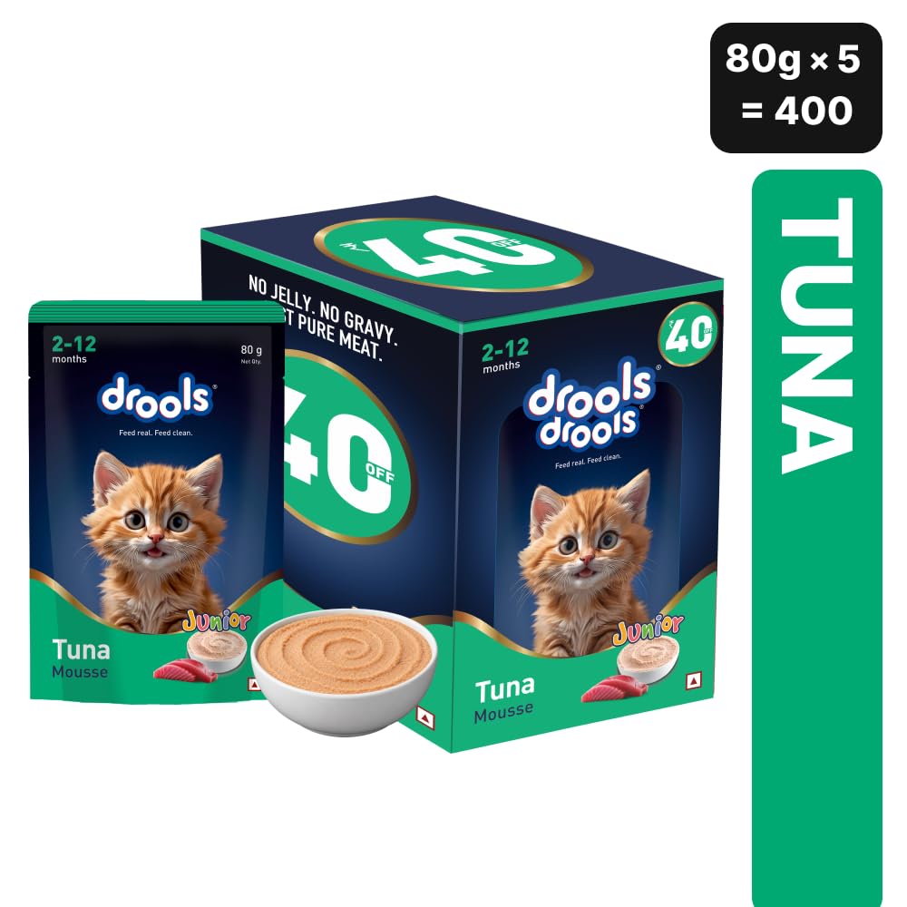 Drools Kitten Wet Mousse 80g Pack of 5, 400g | Tuna Flavour | Rich in Protein | Promotes Hydration & Easy to Digest | No Artificial Flavours | Packed with Essen