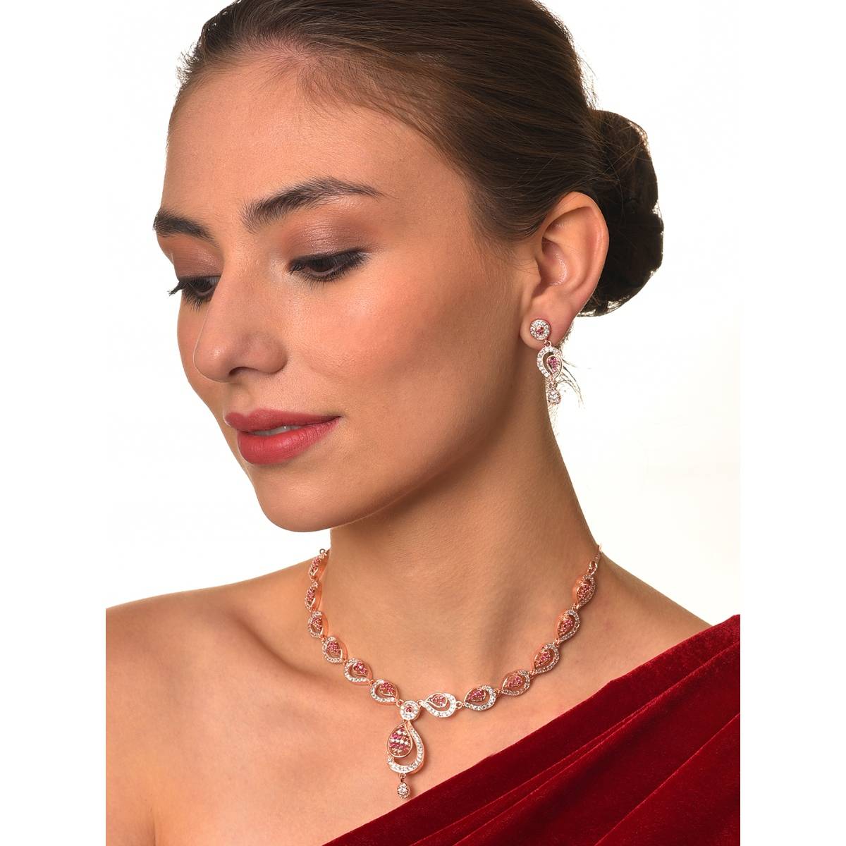 Aatmana Rose Gold Plated Ruby AD Studded Handcrafted Floral Jewellery Set · One Size