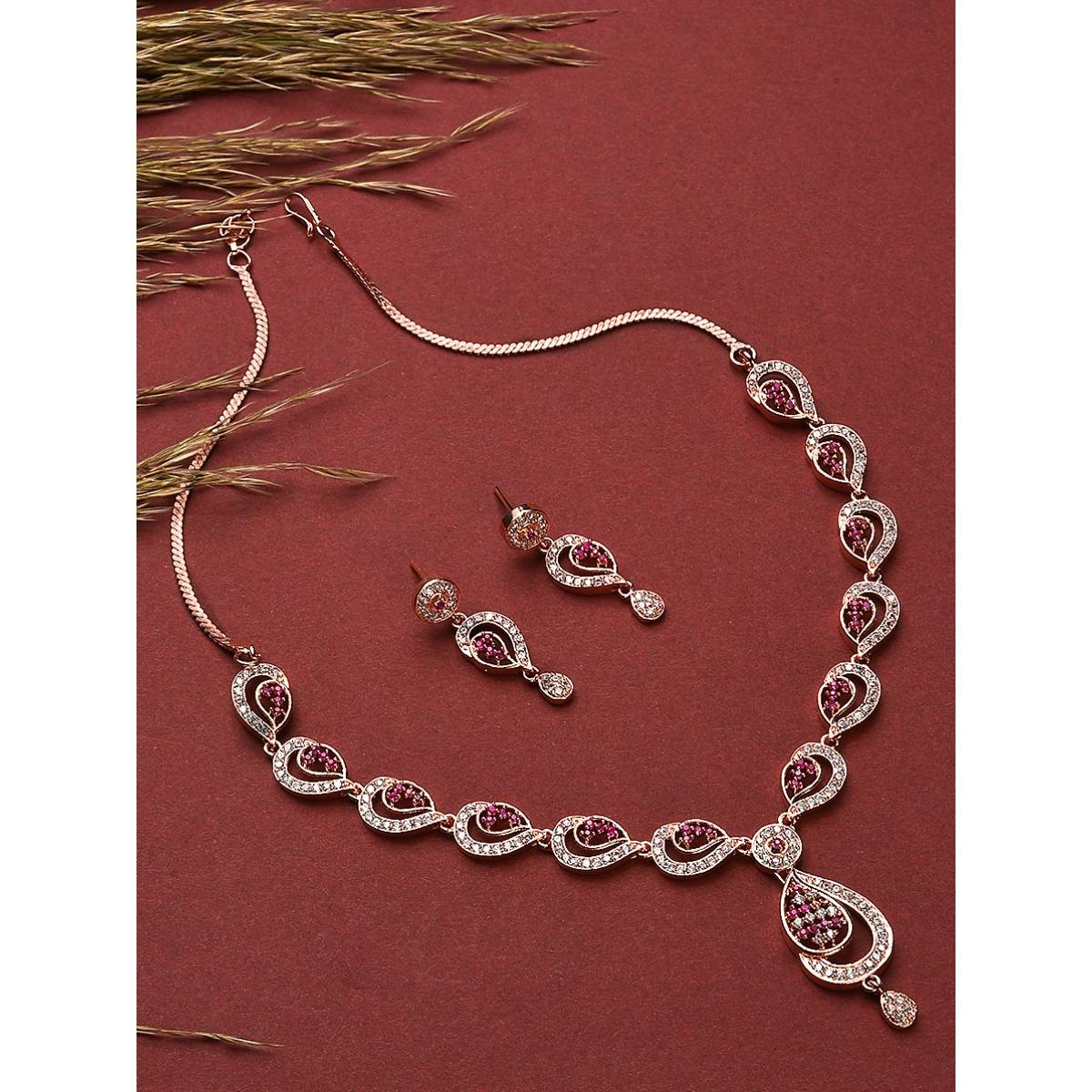 Aatmana Rose Gold Plated Ruby AD Studded Handcrafted Floral Jewellery Set · One Size