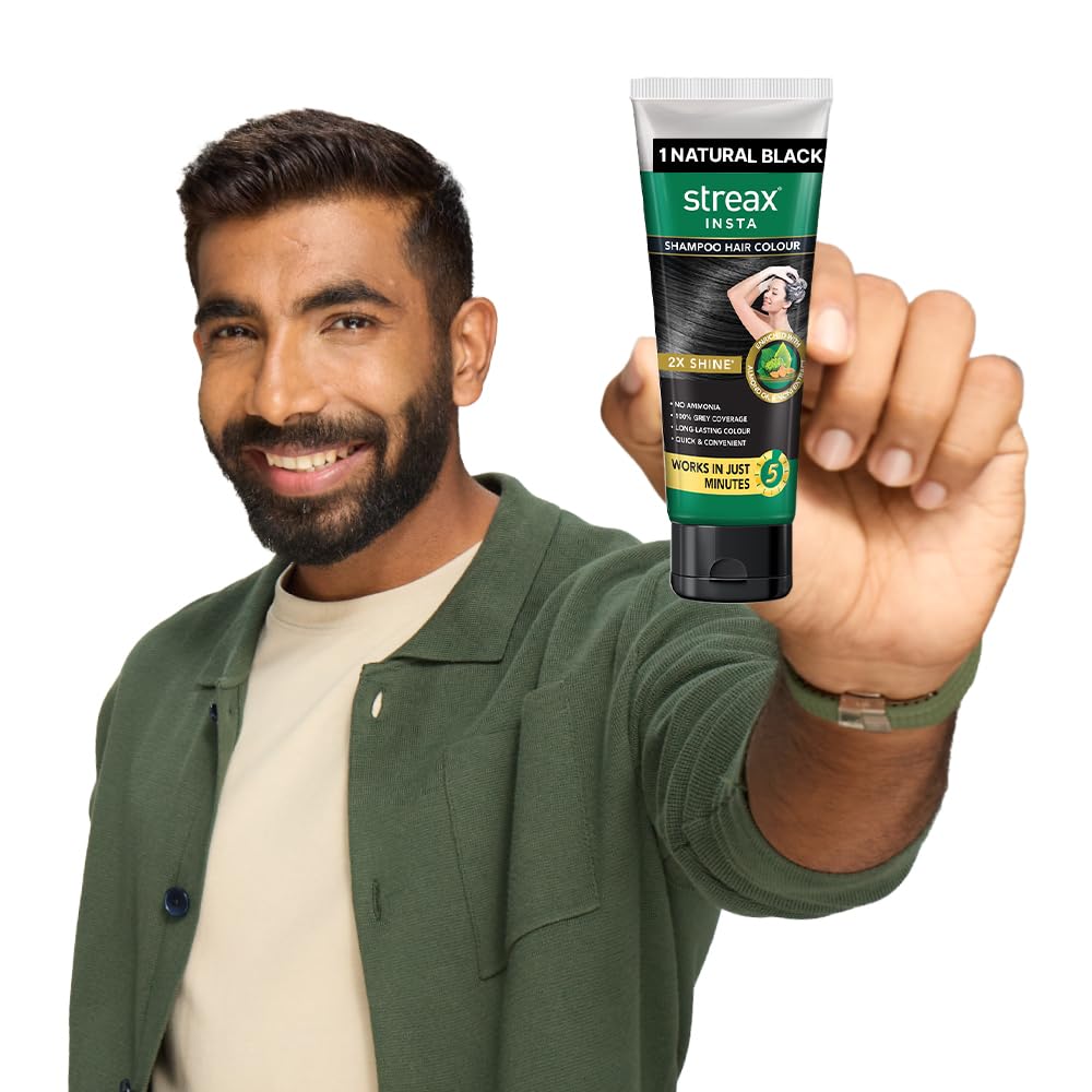 Streax Insta Shampoo Squeeze Pack Hair Colour For Unisex, Natural Black 1, 200Ml | Hair Colour Black |100% Grey Coverage | Long Lasting Hair Color, Easy To Use