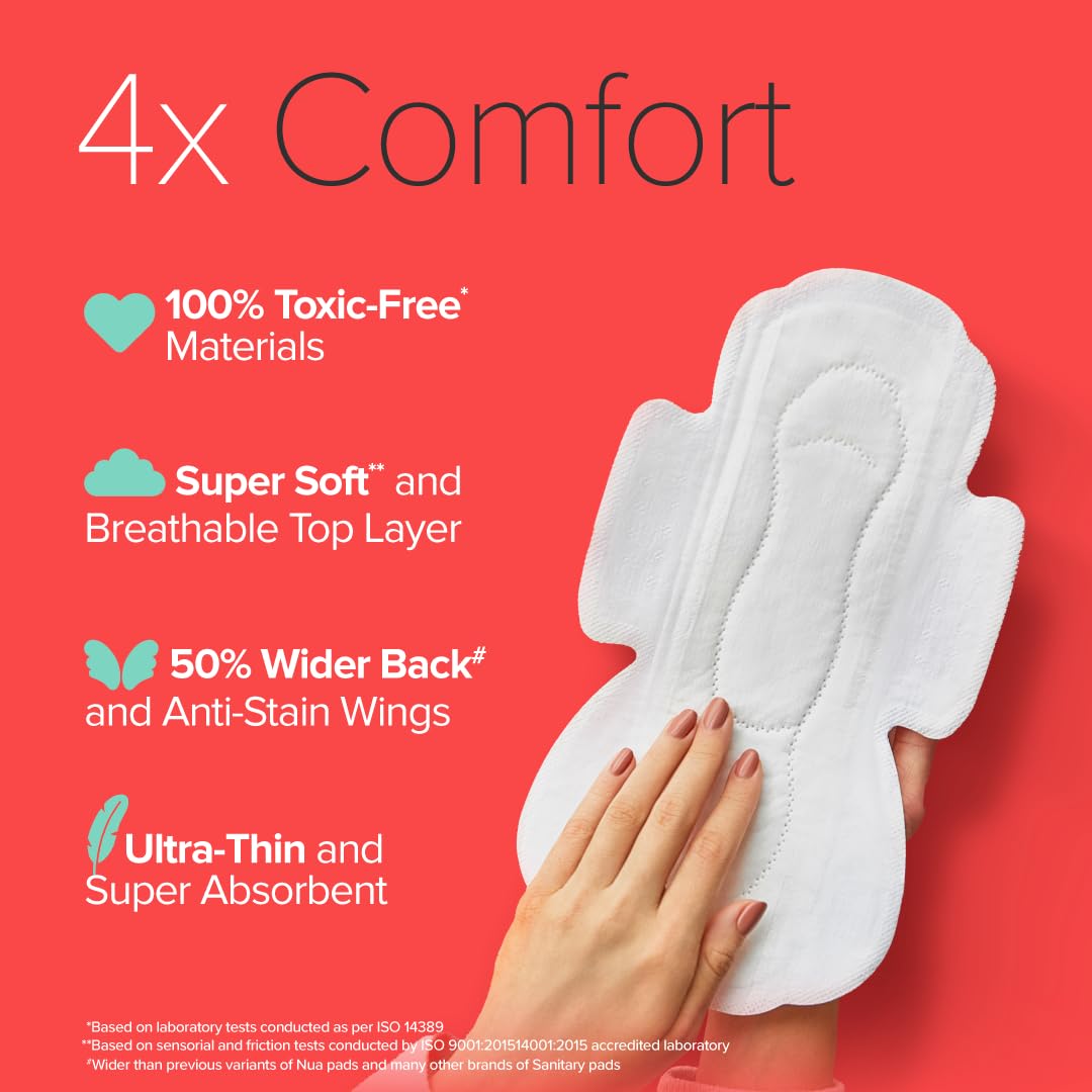 Nua Complete Comfort Sanitary Pads for Women | SUPER SAVER Pack of 4 (48 Pads) | Rash Free | Zero Irritation | Leakproof, Unscented & Toxin-Free | Gentle on Sen