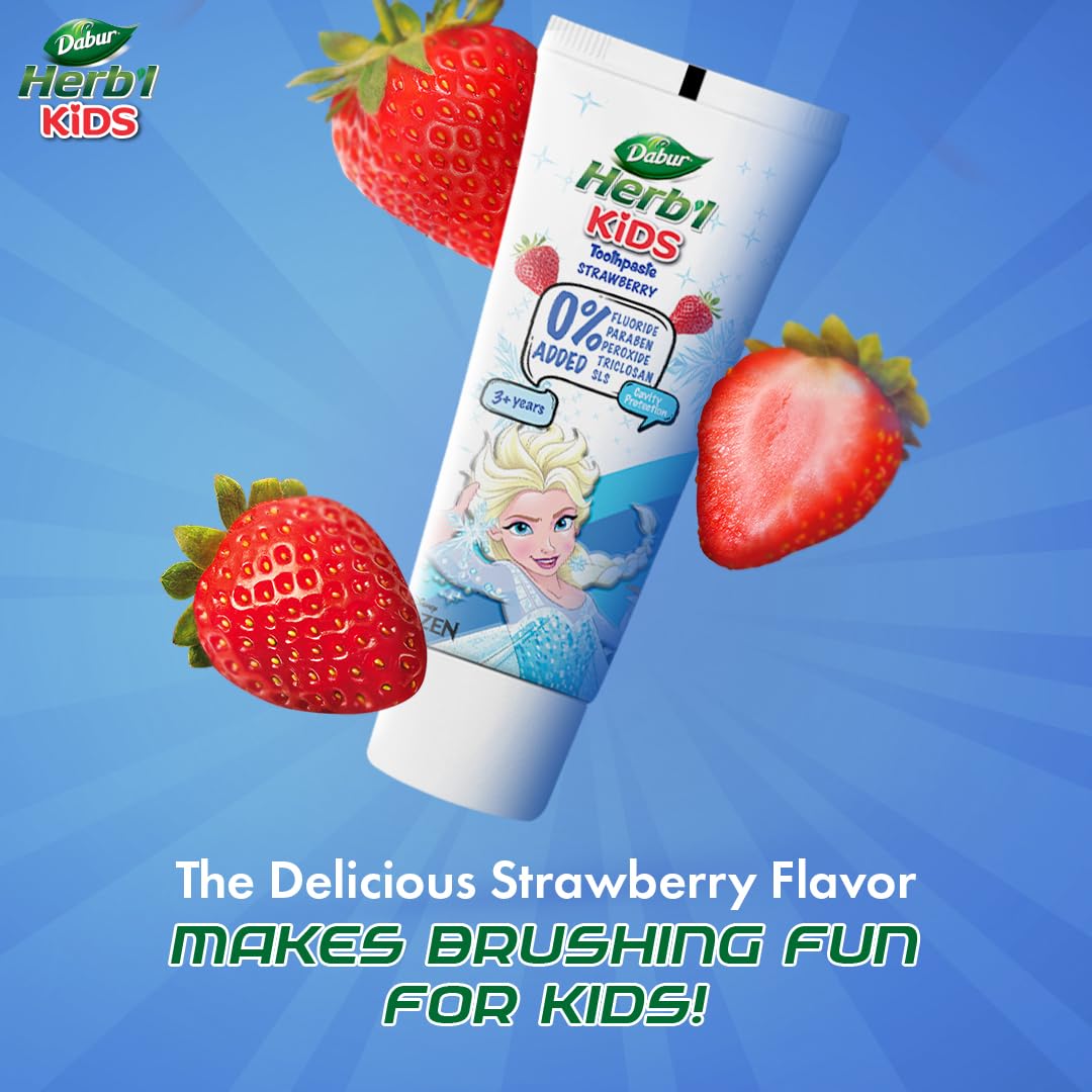 DABUR Herb'l Kids Elsa Frozen Toothpaste|3+ Years|Strawberry Flavour|80g|No added chemicals|Cavity protection|Fights germs|Strong Teeth,Healthy Gums|Natural & Safe For Kids|SLS & Flouride free