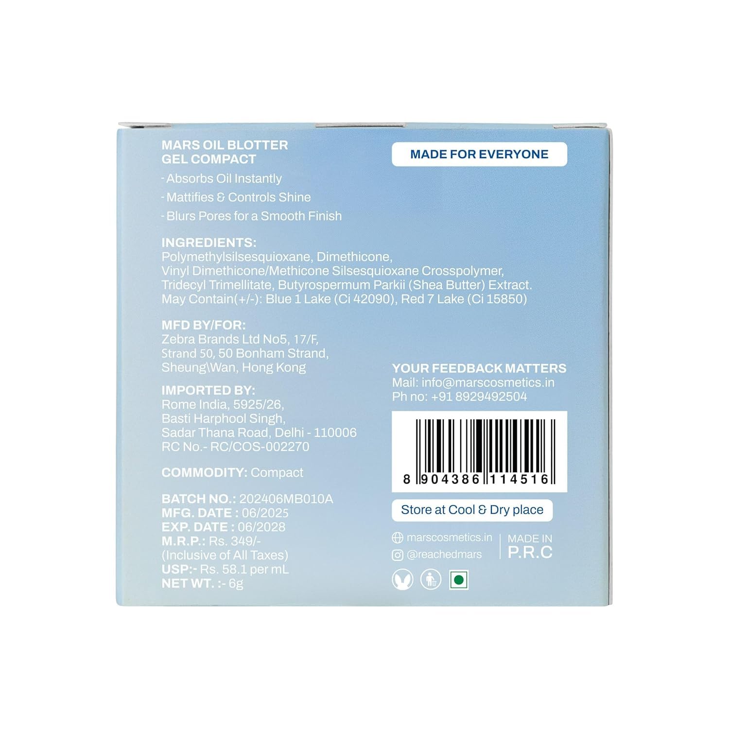 Oil Blotter Gel Compact Setter, Matte Finish, Absorbs Oil, Blurs Pores, Non-Cakey Formula, 6g
