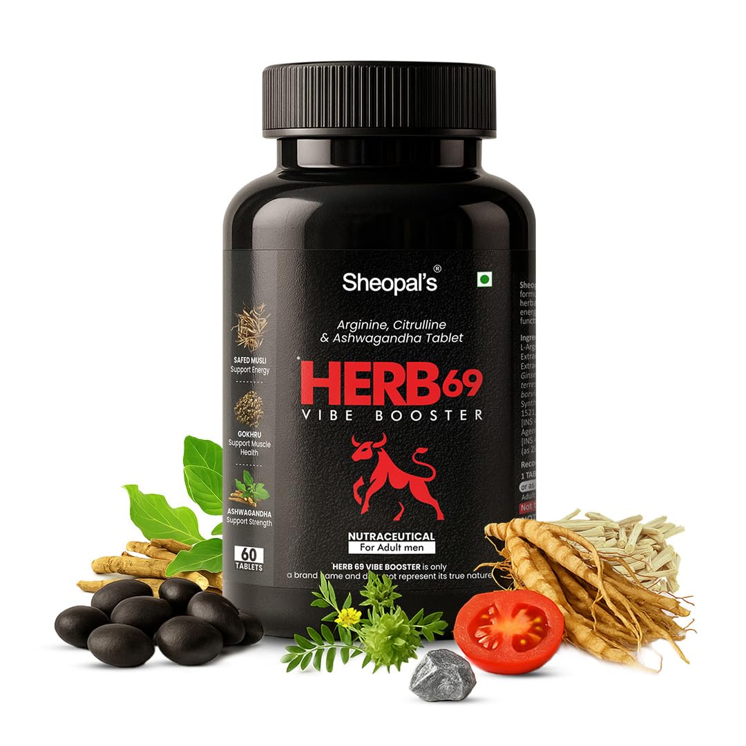 Sheopals Herb 69 Vibe Booster Supplement for Men with L-Arginine, L-Citrulline, Ginseng, Ashwagandha – 60 Caplets Pack of 1