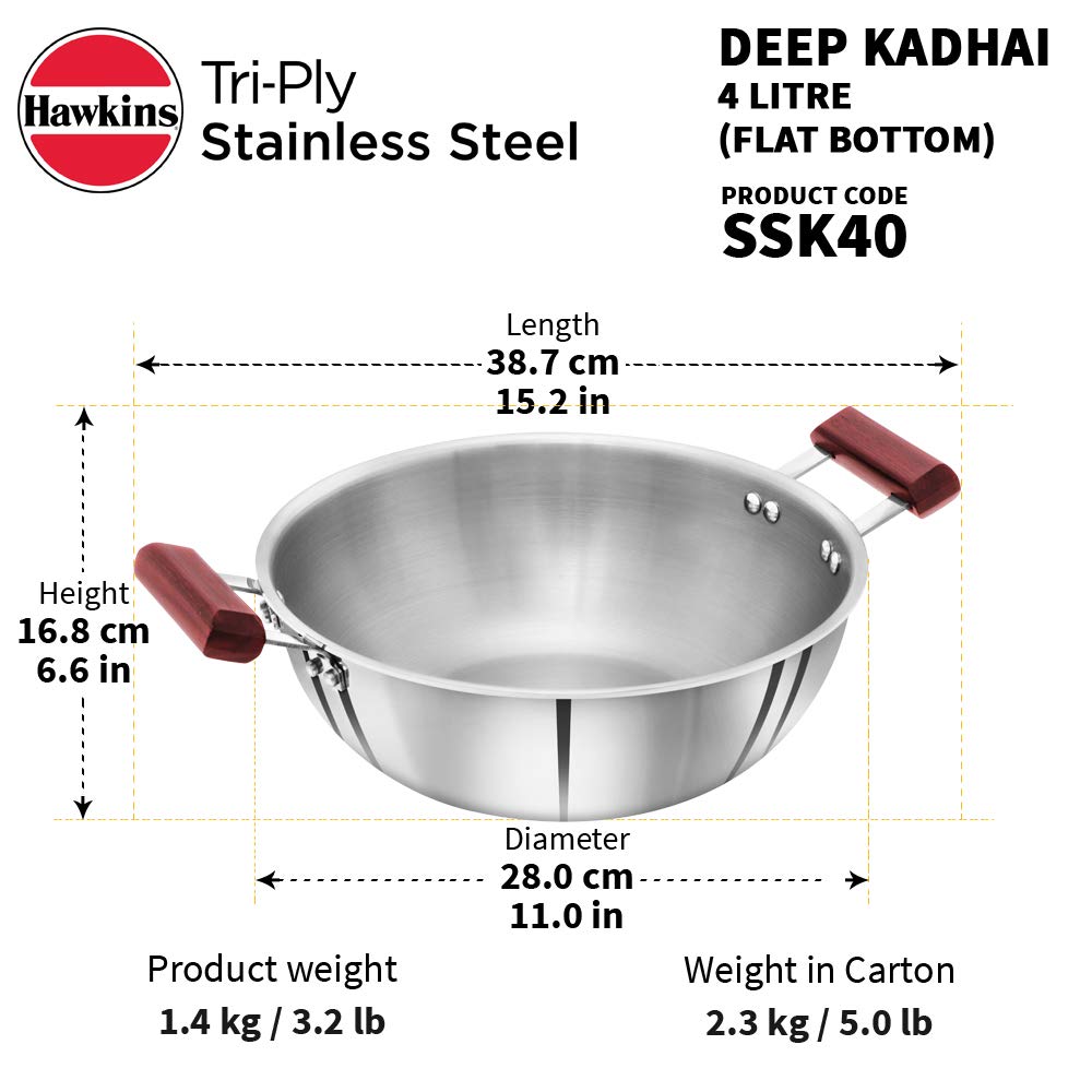 Hawkins 1.5 Litre Deep Fry Pan, Triply Stainless Steel Kadai, Flat Bottom Induction Kadhai, Small Kadai, Silver (SSD15)