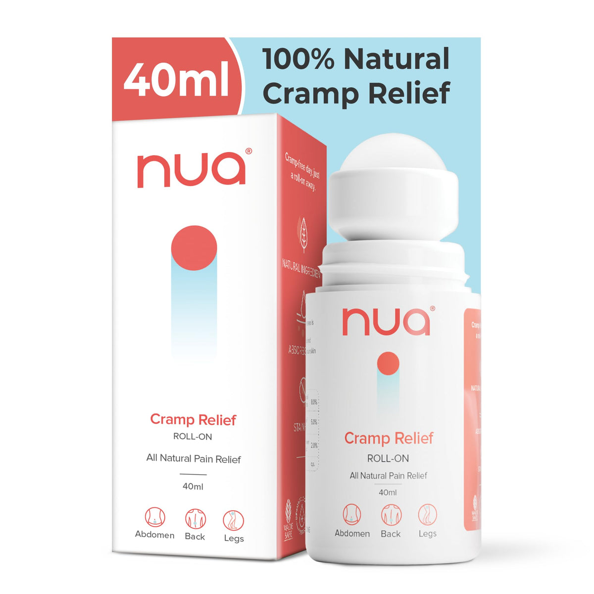 Cramp Relief Roll-On by Nua | Quick Relief | All Natural | For Abdomen, Back and Leg Pain | Absorbs Easily | Stain-free | Safe on Skin Pack of 1
