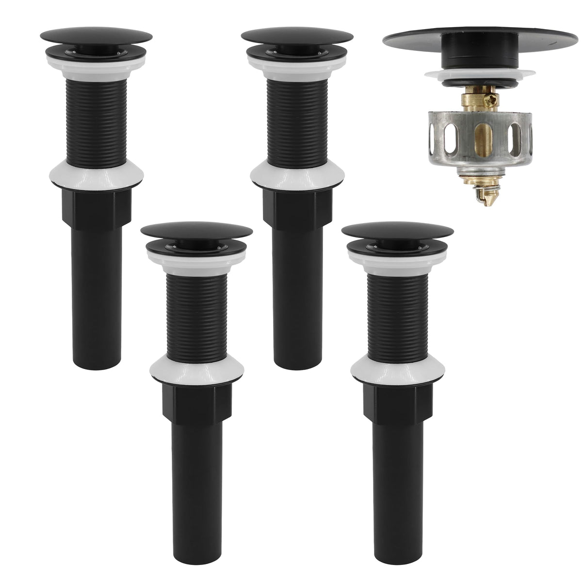 Bathroom Sink Drain,4 Pack Drain Stopper Without Overflow,Pop Up Drain Assembly with Detachable Strainer Basket,Built-in Anti-Clogging, Stainless Steel Nut Matt