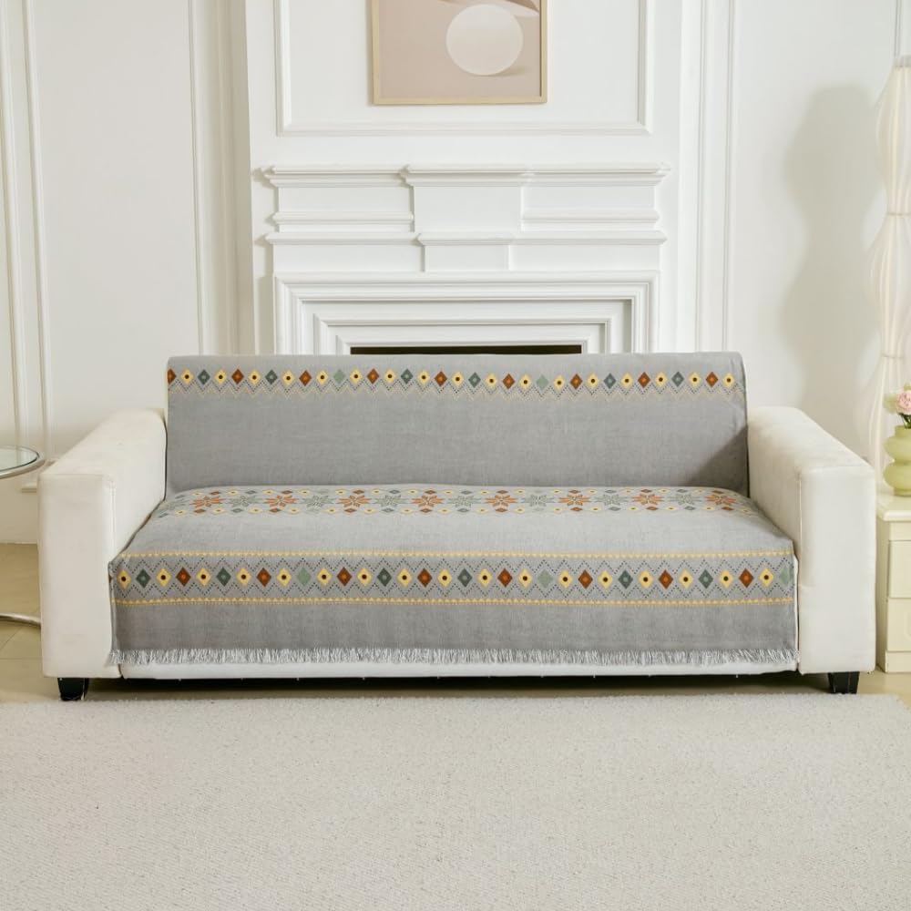 HOMETHREADS Chenille Dual Line Thick and Soft Sofa Cover | Elevate Your Living Space with Luxurious Slipcover Solutions for Sofa (Dual Line Grey, 4 Seater | 200