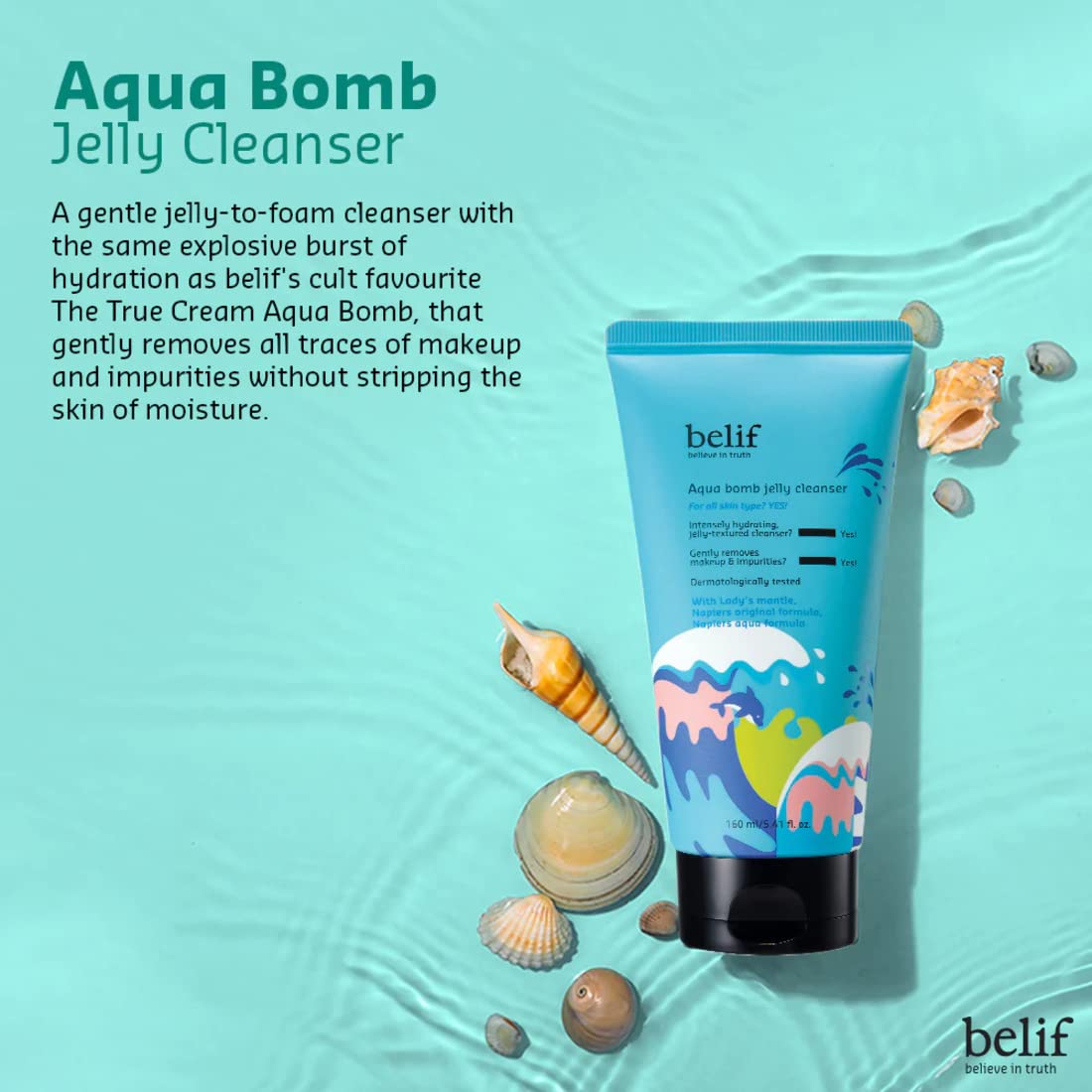 Belif Aqua Bomb Jelly Cleanser 160ML | Hydrating & Gentle Face Wash | Korean Skincare | Makeup Remover for All Skin Types | Vegan & Dermatologically Tested 160
