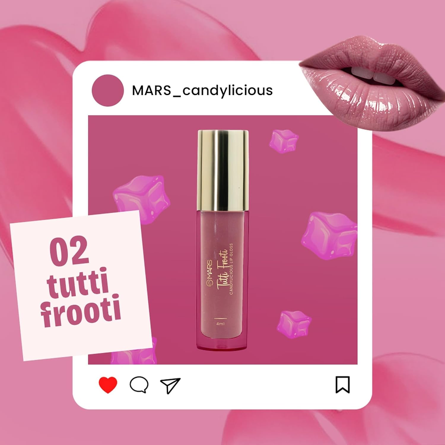 MARS Candylicious Sheer Lip Gloss for Women | Hydrating & High Shine | Lightweight | Non-Sticky | Enriched with Vitamin-E, Hyaluronic Acid & Avocado Ester (4.0ml) (02-TUTTI FROOTI)