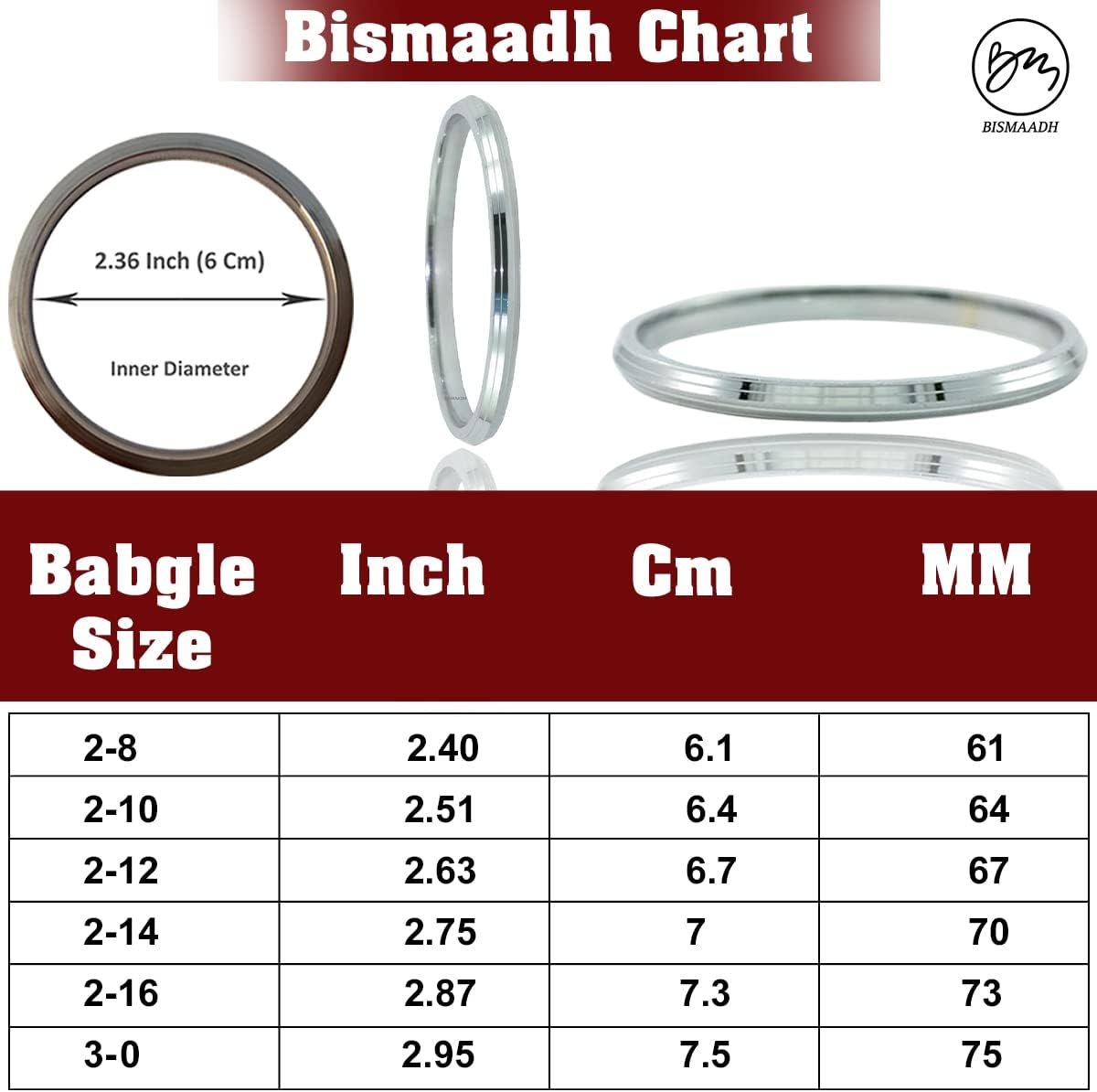 BISMAADH Sikh Religious Stainless Steel Kada Bracelet Steel Kara For Men and Women Silver Punjabi Kara 7MM Thickness SIlver 6.1 Centimetres