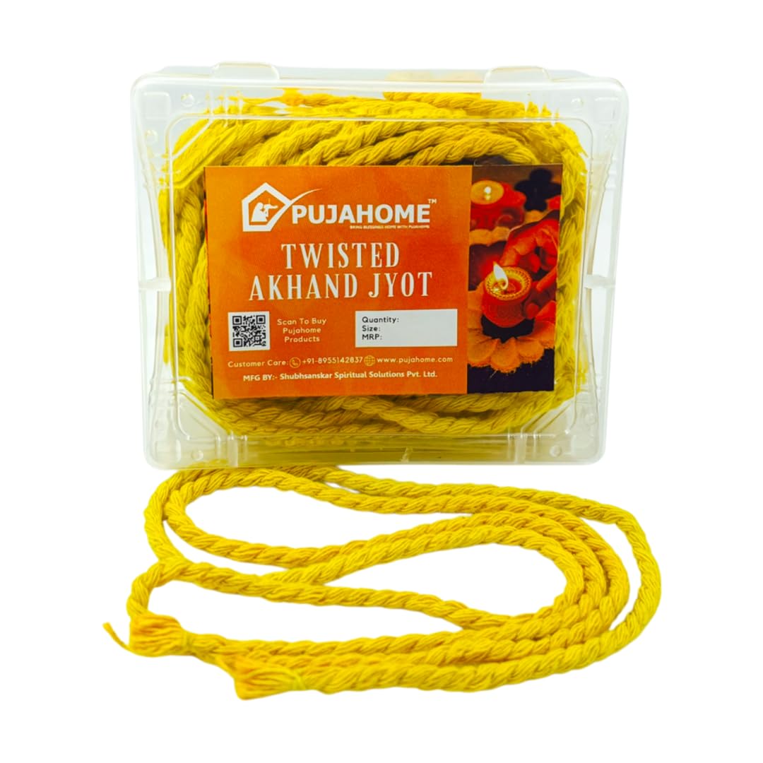Yellow Twisted Akhand Jyot Cotton Wicks for Diya | Long Batti for Puja, Aarti, Temple & Daily Worship | Handmade Cotton Jyot Batti
