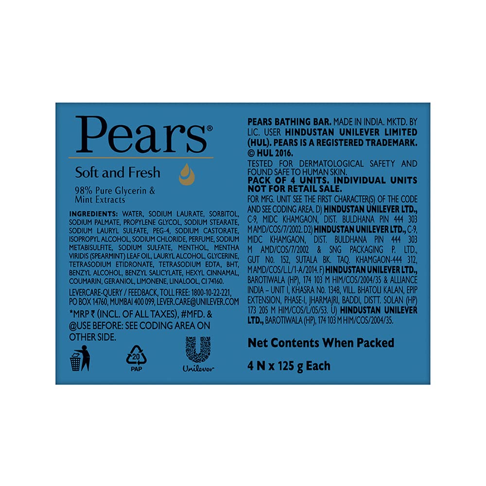 Pears Pure & Gentle Moisturising Bathing Bar Soap with Glycerine For Golden Glow 125g (Pack of 5) & Pears Soft & Fresh Bathing Bar with 98% Pure Glycerine & Min