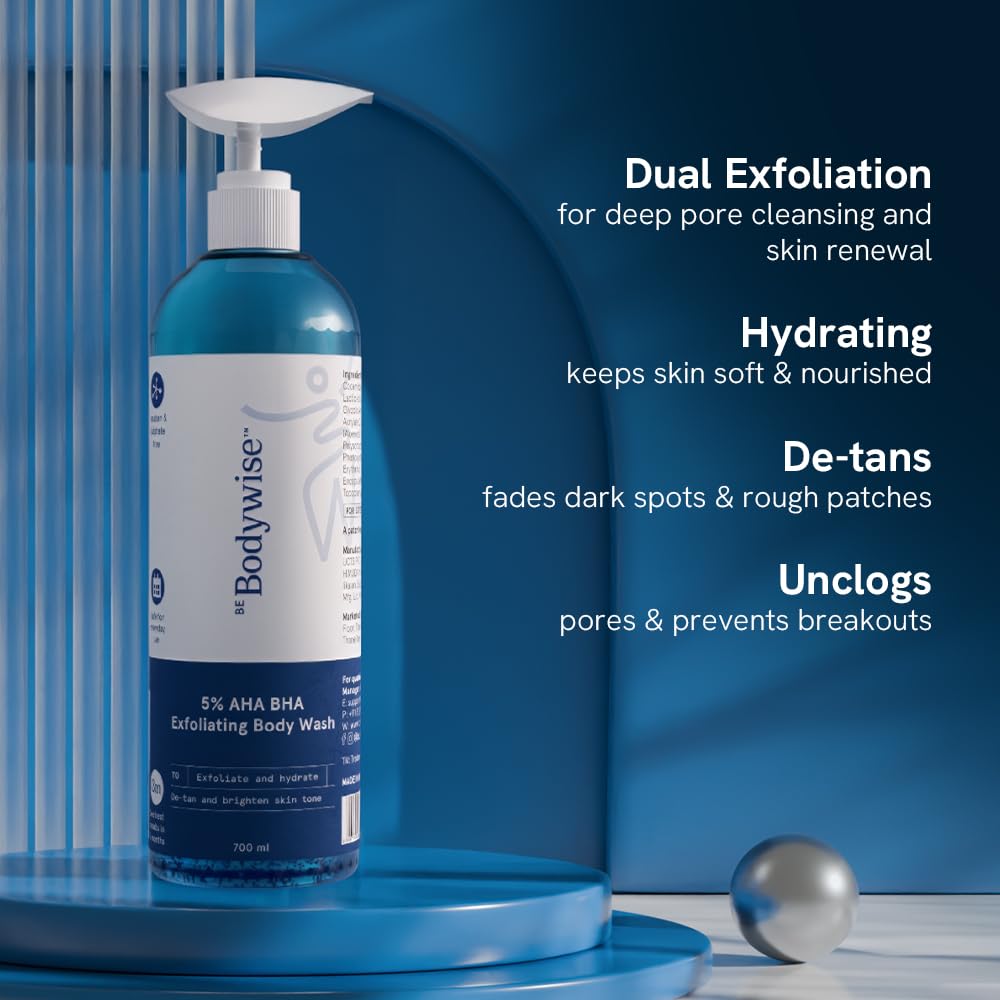 Be Bodywise 5% AHA BHA Exfoliating Detan Body Wash 700ml | For Body Acne, Strawberry Skin, De-Tan | Infused with 3% Lactic Acid, 1% Salicylic Acid, 1% Glycolic Acid | Non-Drying, Paraben Free