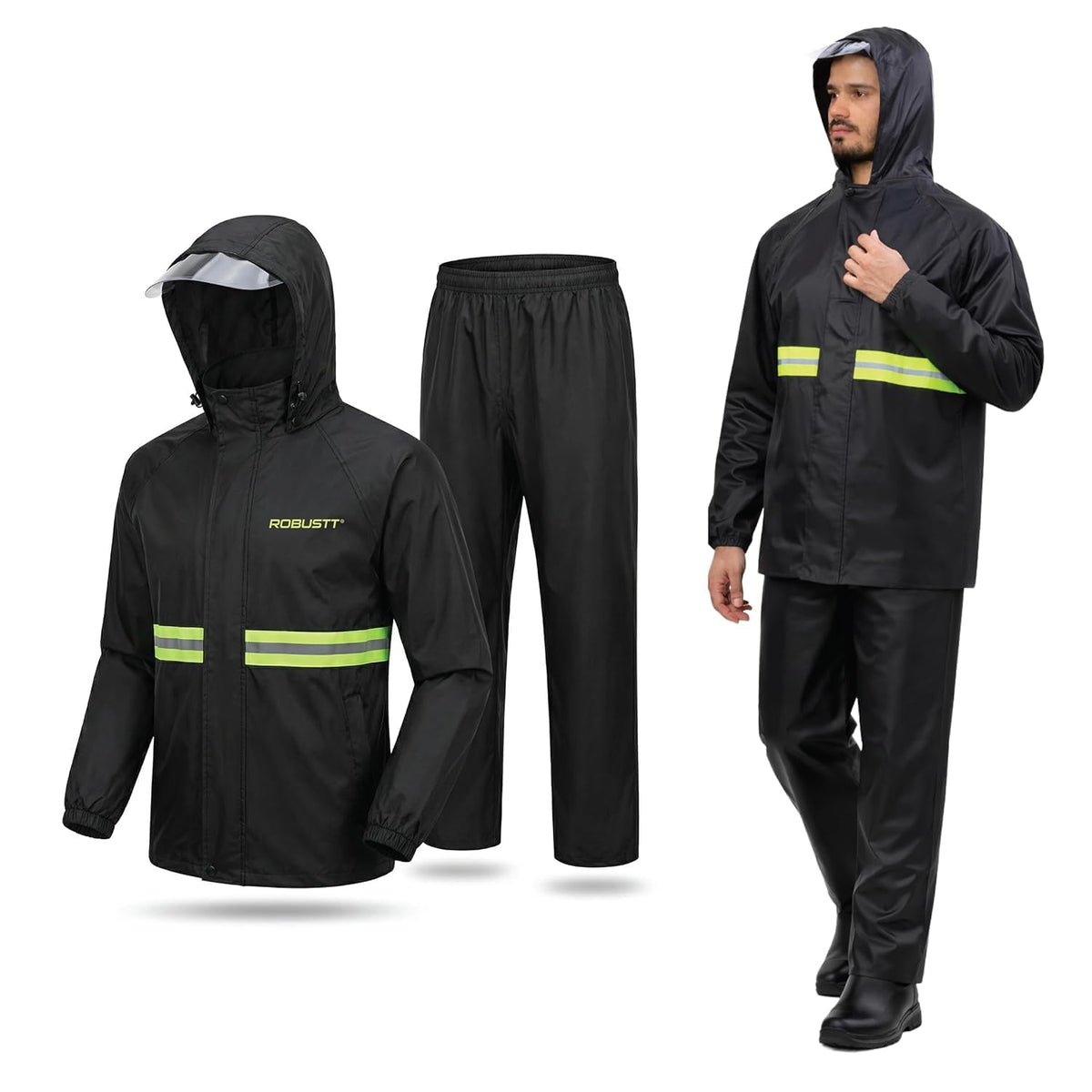Robustt Oxford Rain Suit for Men and Women | Size-XL to XXL | Black | Rain Coat and Pants Set | Reflective Strips for Night Safety | Adjustable Hood, Waterproof
