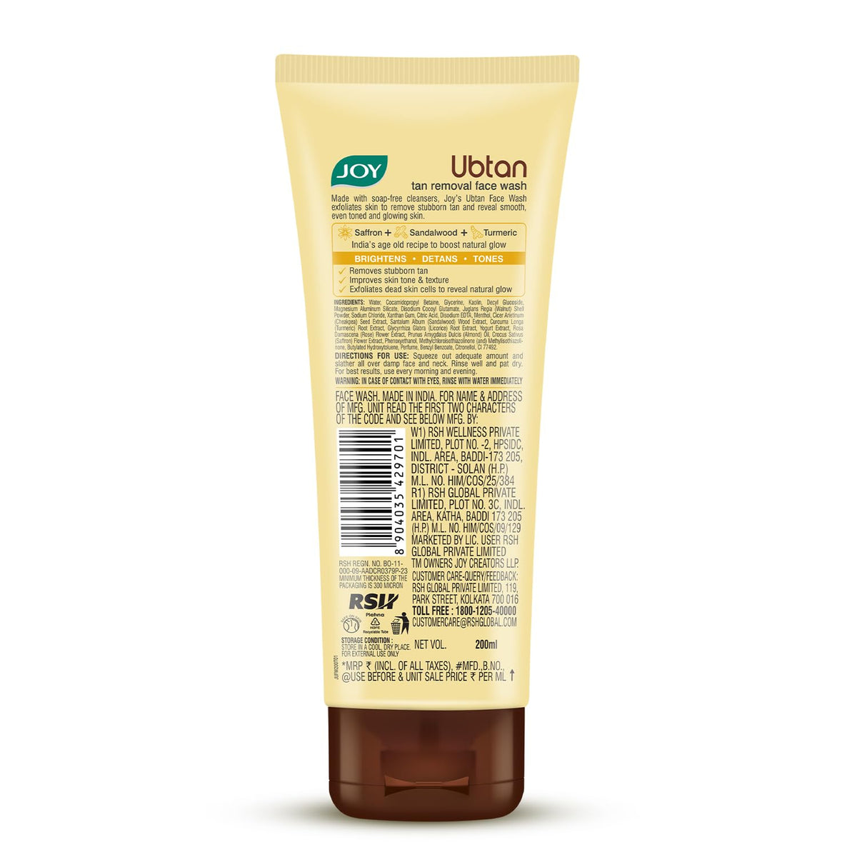 Joy Ubtan Tan Removal Face Wash 150ml x 2 | Detan Facewash | Removes Dirt & Blemishes for a Natural Glowing Skin | Enriched With Turmeric, Saffron & Sandalwood