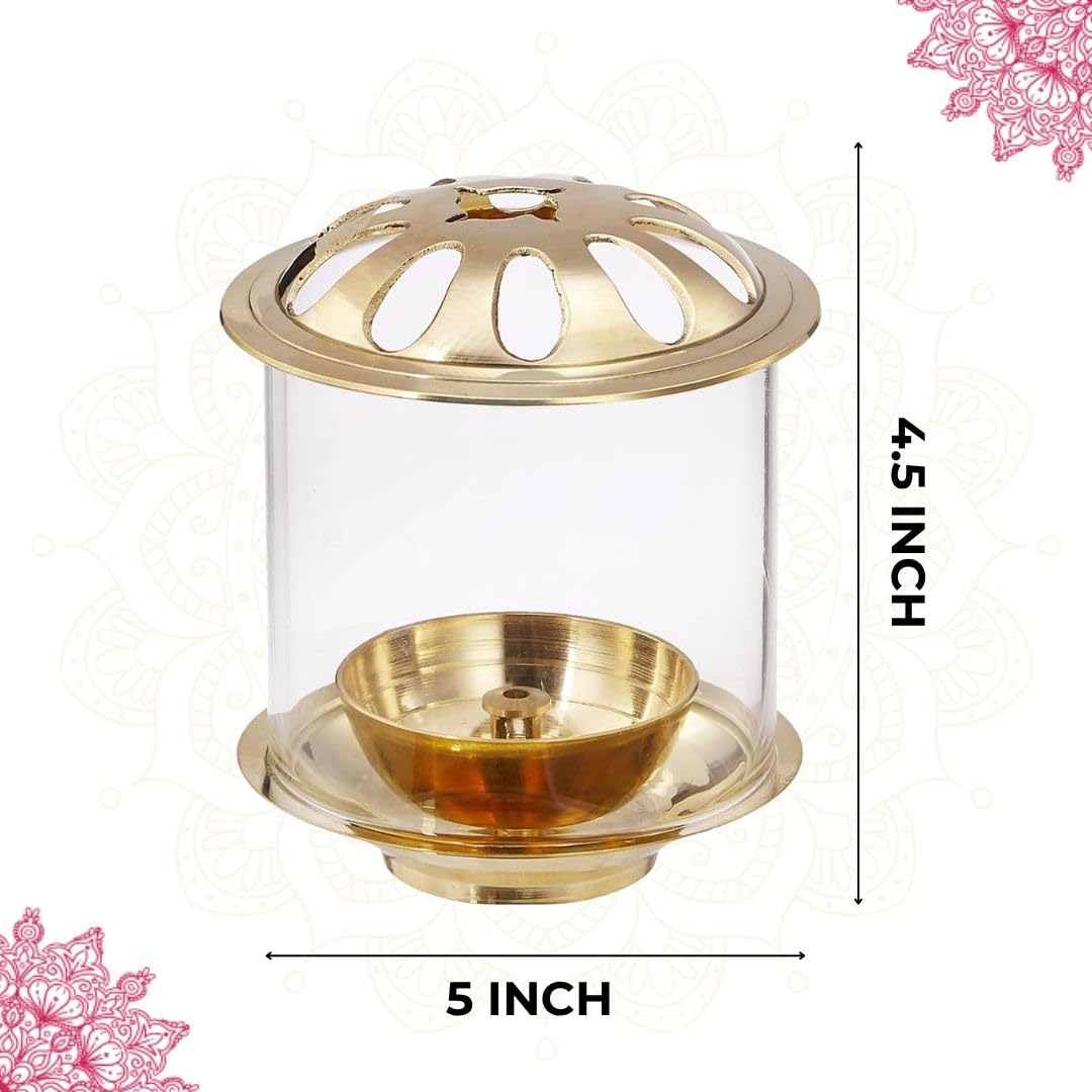 Klassic 4.5 Inch Swastik Akhand Diya with Borosilicate Glass Shade | Pure Brass Oil Lamp for Mandir, Daily Puja, Pooja Room, Diwali, Prayer, Wick Holder Festive