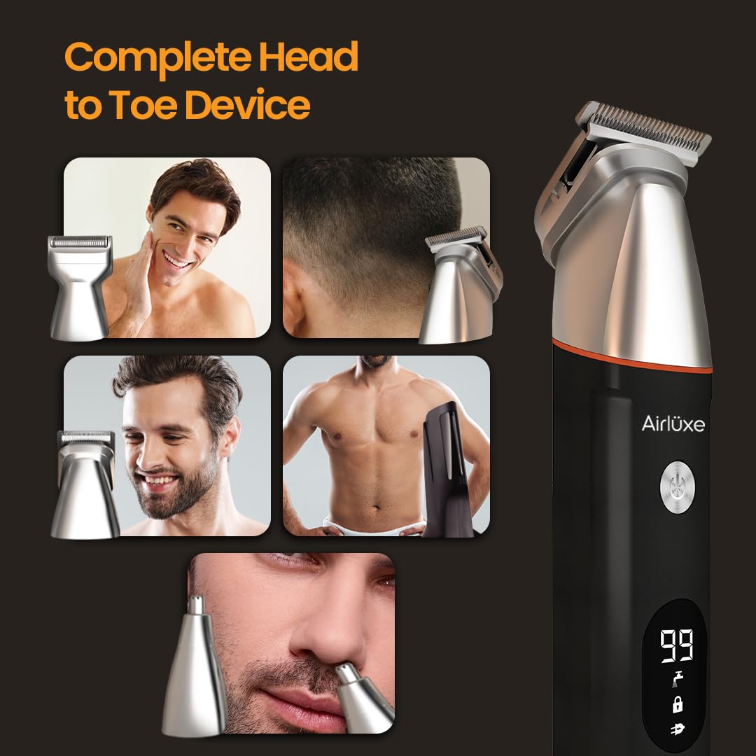 Airluxe GroomMaster 12-in-1 Body Trimmer for Men | Full Body Grooming Kit with Precision, Body, Nose & Ear Trimmer, Foil Shaver | IPX7 | LED Display | 90 Min Ru