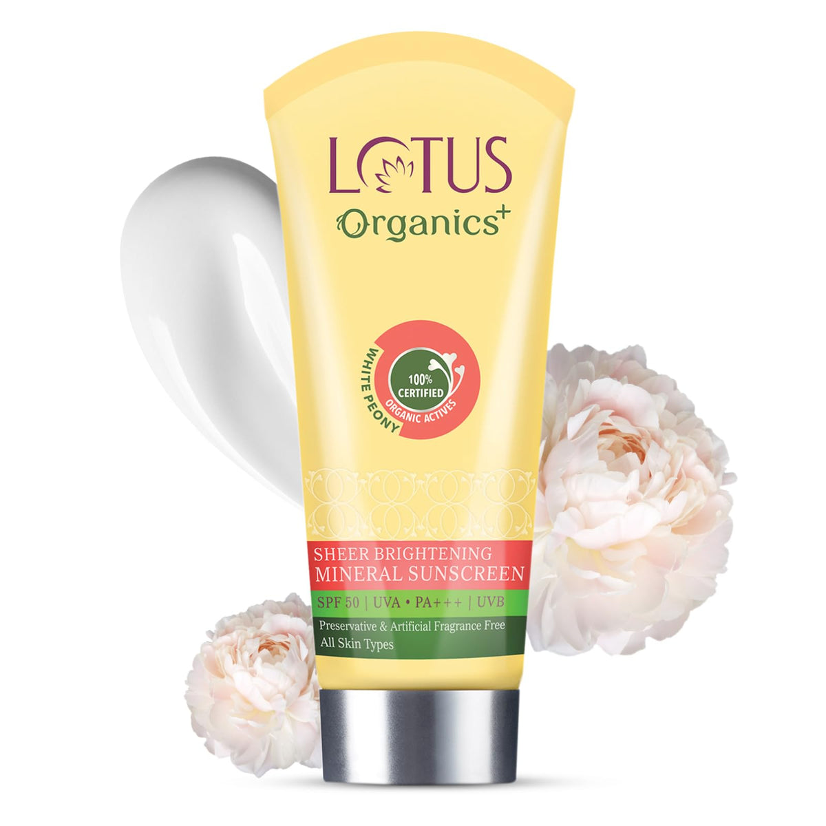 Lotus Organics+ Sheer Brightening Mineral Sunscreen | Non Greasy & Lightweight | SPF 50 | PA+++ | 100% Certified Organic White Peony | Fights Tanning & Pigmenta