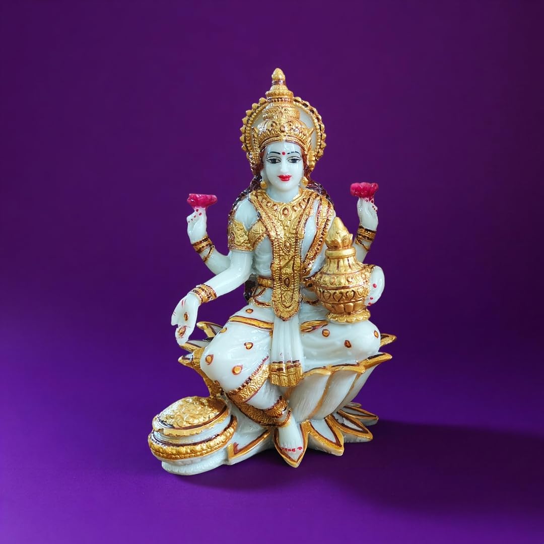 YASHONIDHI Lakshmi Devi Marble Dust Idol, 7 Inches, White and Gold, Goddess Laxmi MATA Murti, for Pooja Room, for Home Decor, Office Decoration, for Good Luck a